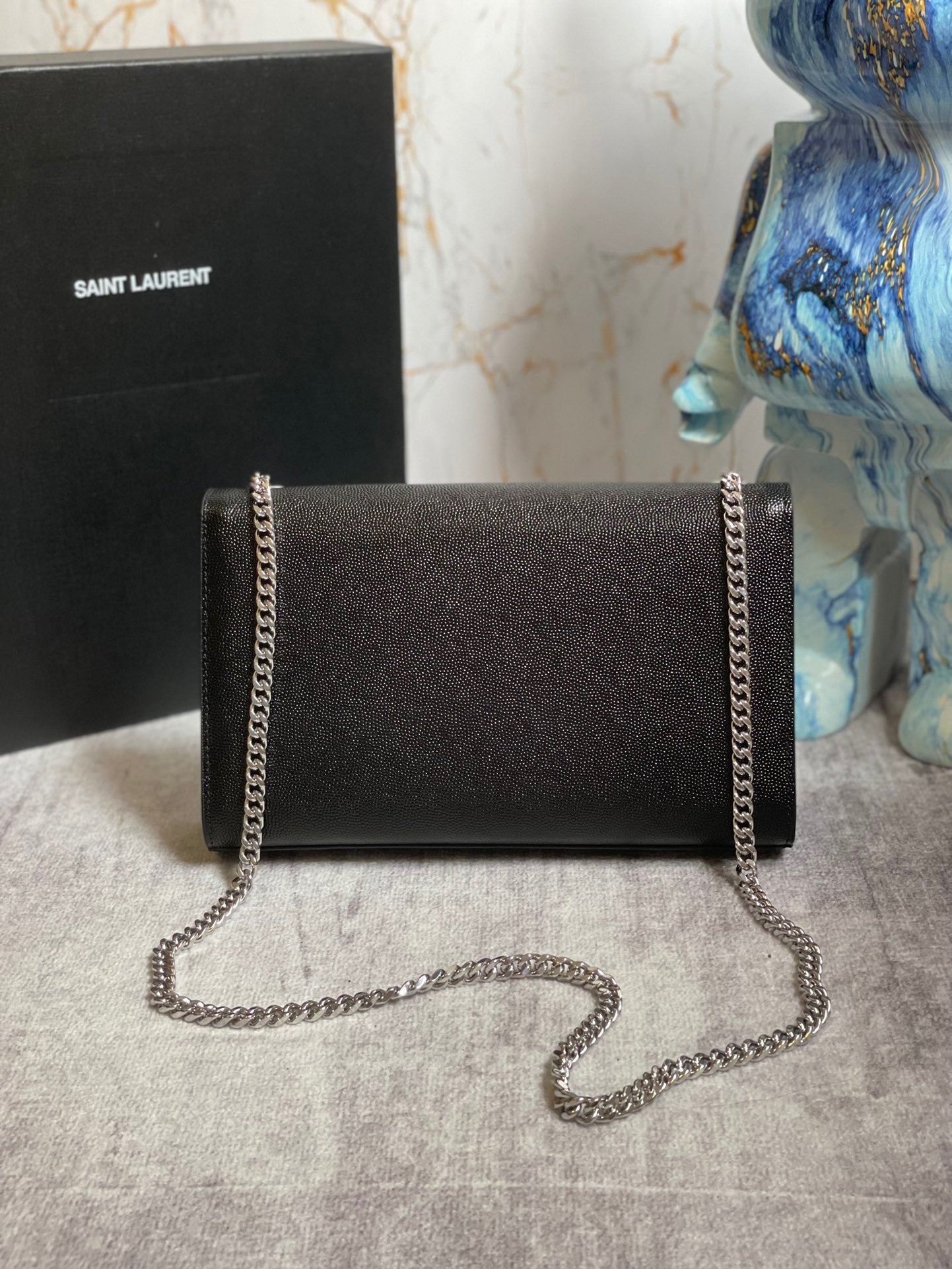 Saint Laurent Kate Medium Chain Bag In Black Grain Leather With Silver Hardware