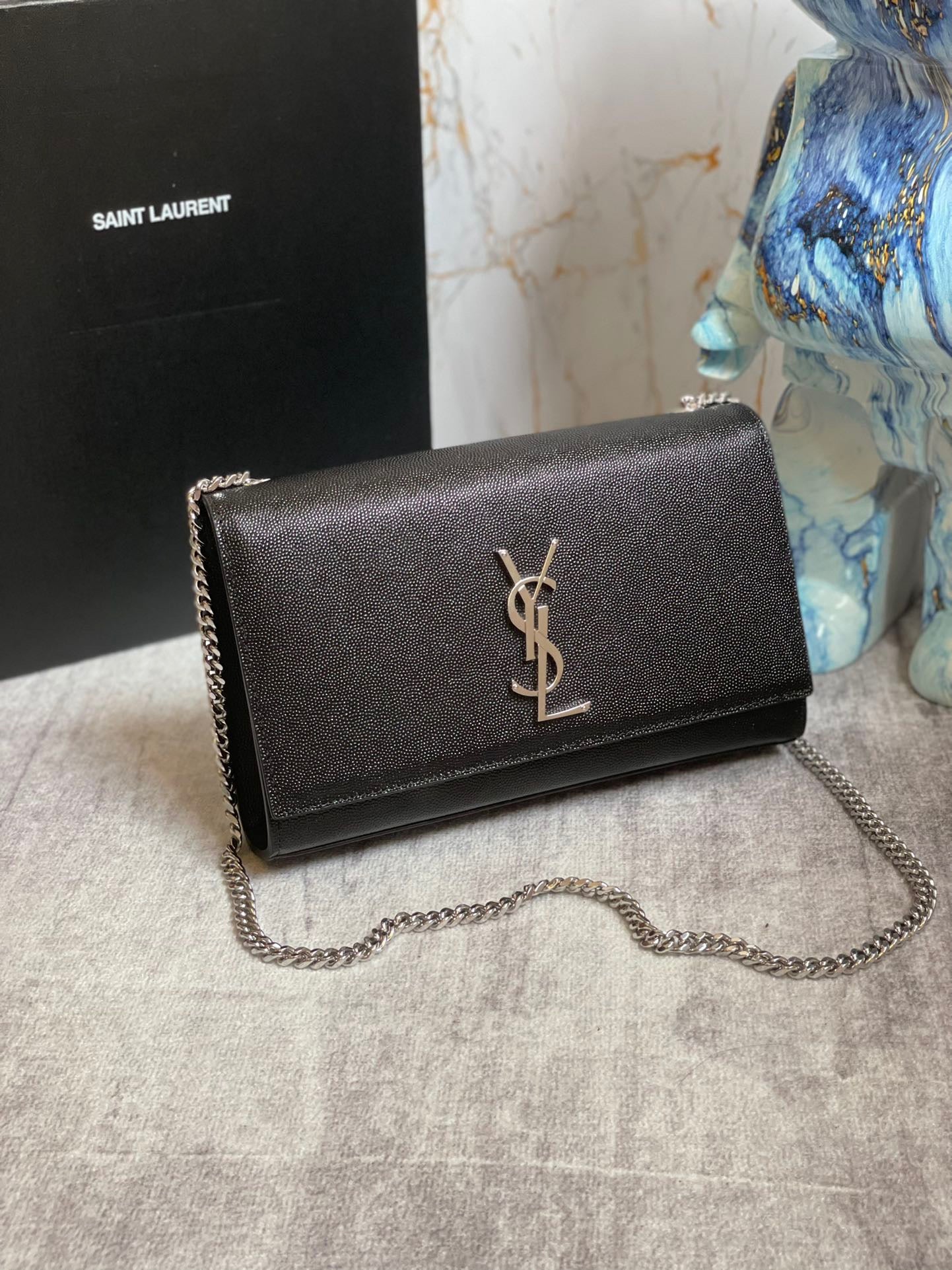 Saint Laurent Kate Medium Chain Bag In Black Grain Leather With Silver Hardware