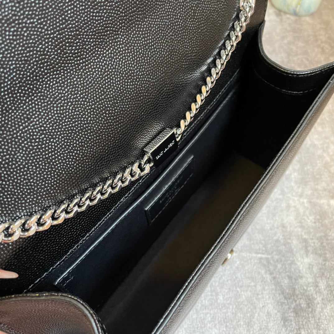 Saint Laurent Kate Medium Chain Bag In Black Grain Leather With Silver Hardware