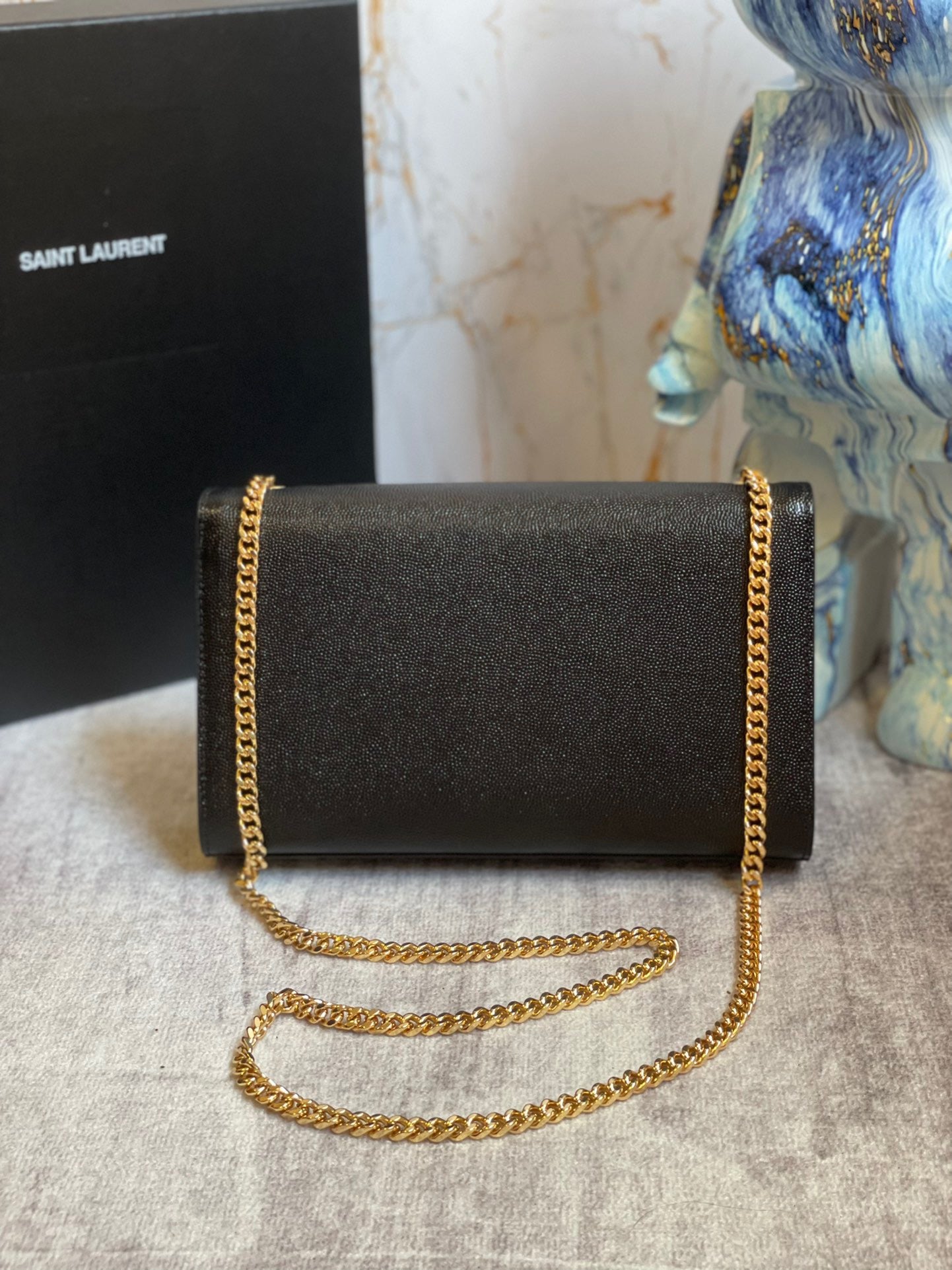 Saint Laurent Kate Medium Chain Bag In Black Grain Leather With Gold Hardware