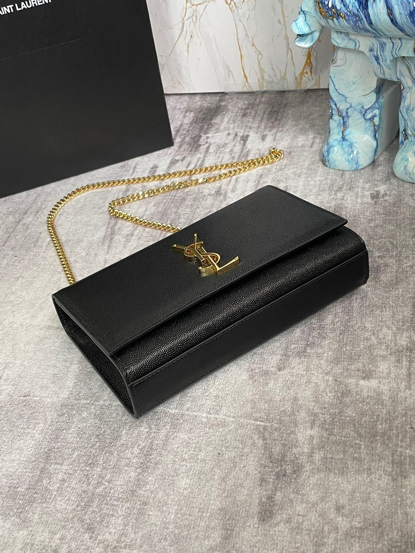 Saint Laurent Kate Medium Chain Bag In Black Grain Leather With Gold Hardware