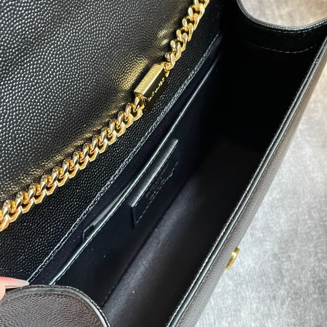 Saint Laurent Kate Medium Chain Bag In Black Grain Leather With Gold Hardware