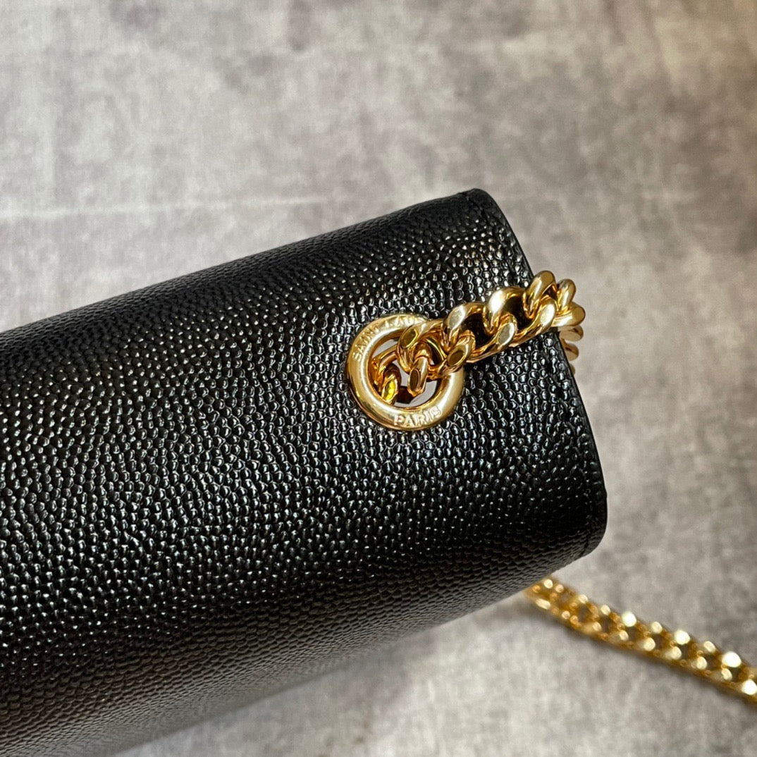 Saint Laurent Kate Medium Chain Bag In Black Grain Leather With Gold Hardware