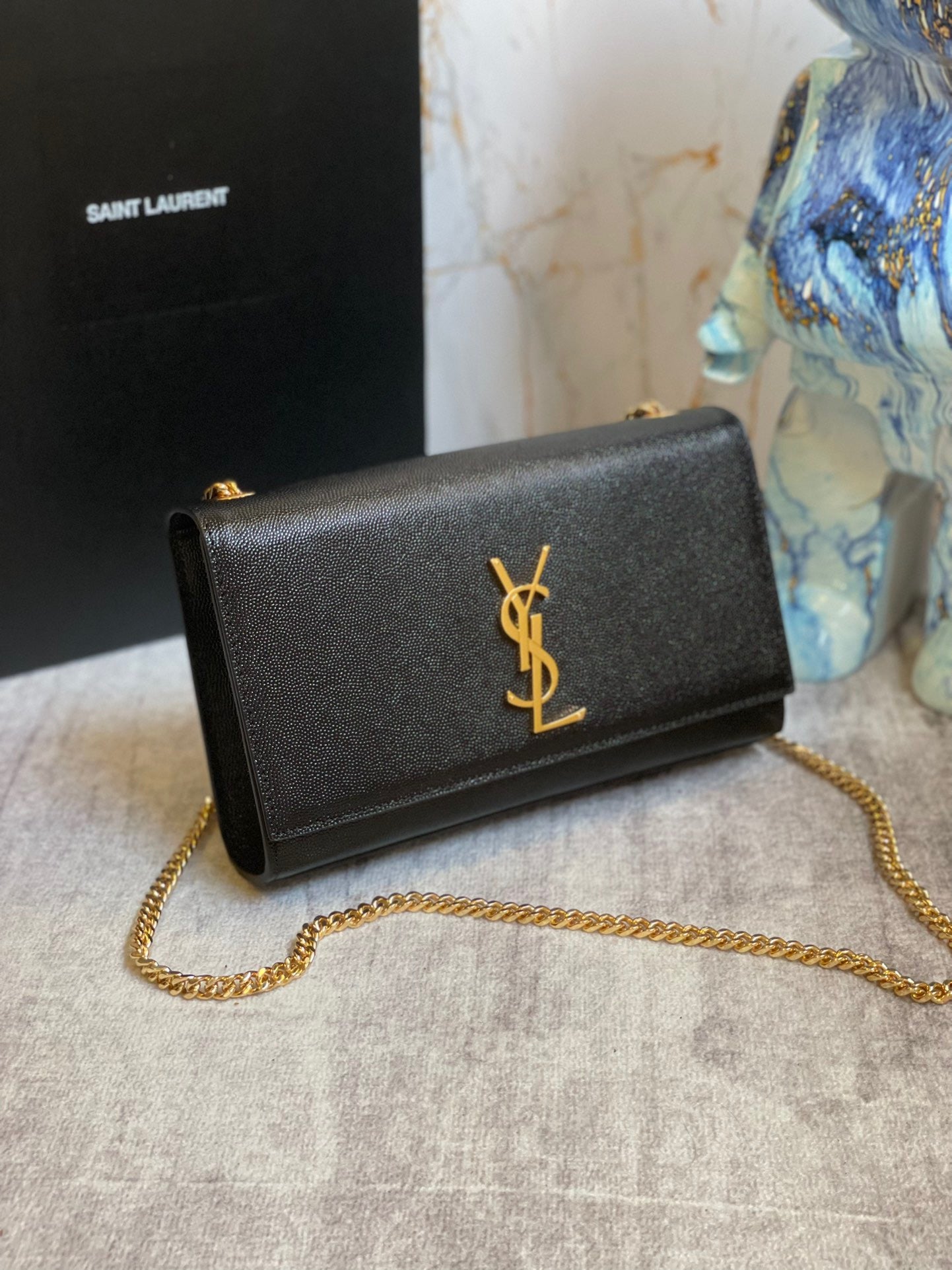 Saint Laurent Kate Medium Chain Bag In Black Grain Leather With Gold Hardware