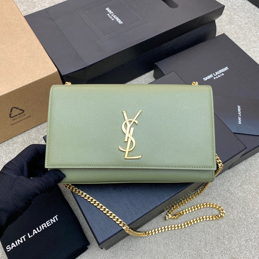 Saint Laurent Kate Medium Chain Bag In Avocado Green Grain De Poudre Leather