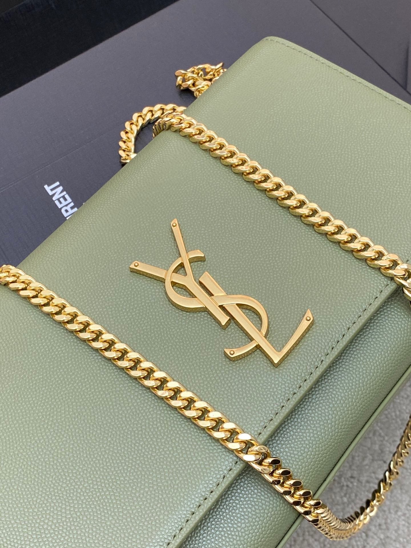 Saint Laurent Kate Medium Chain Bag In Avocado Green Grain De Poudre Leather