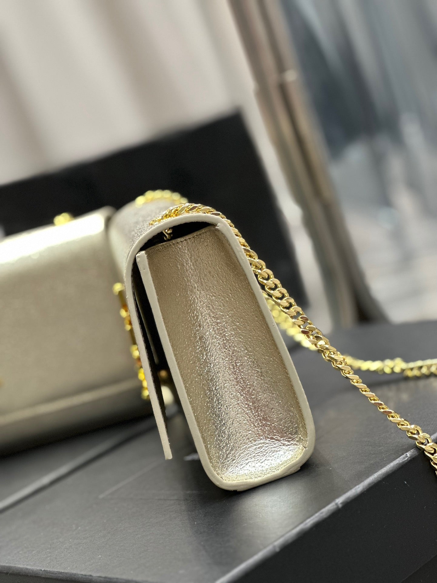 Saint Laurent Kate Medium Chain Bag In Silver Grain De Poudre Leather