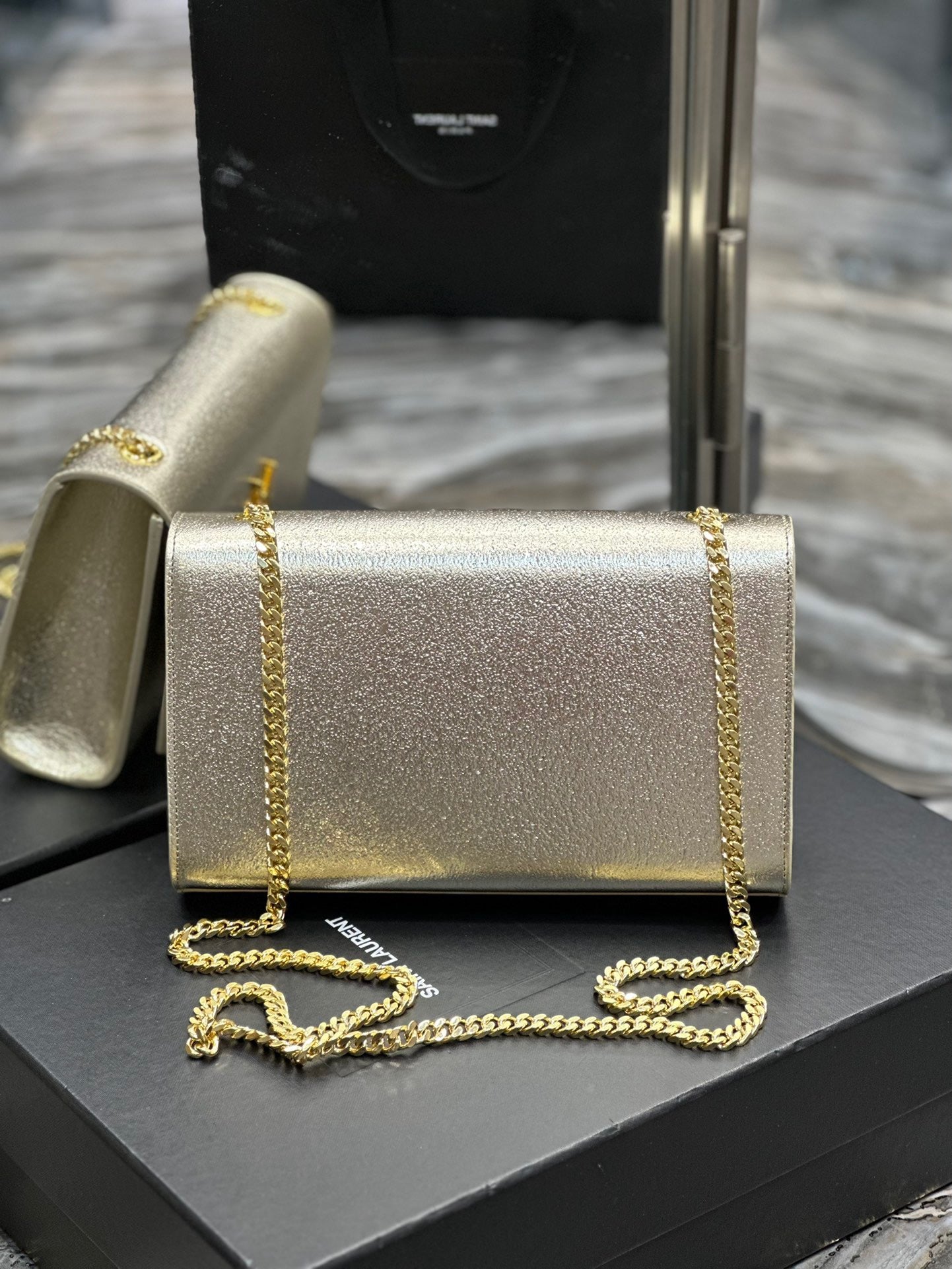 Saint Laurent Kate Medium Chain Bag In Silver Grain De Poudre Leather