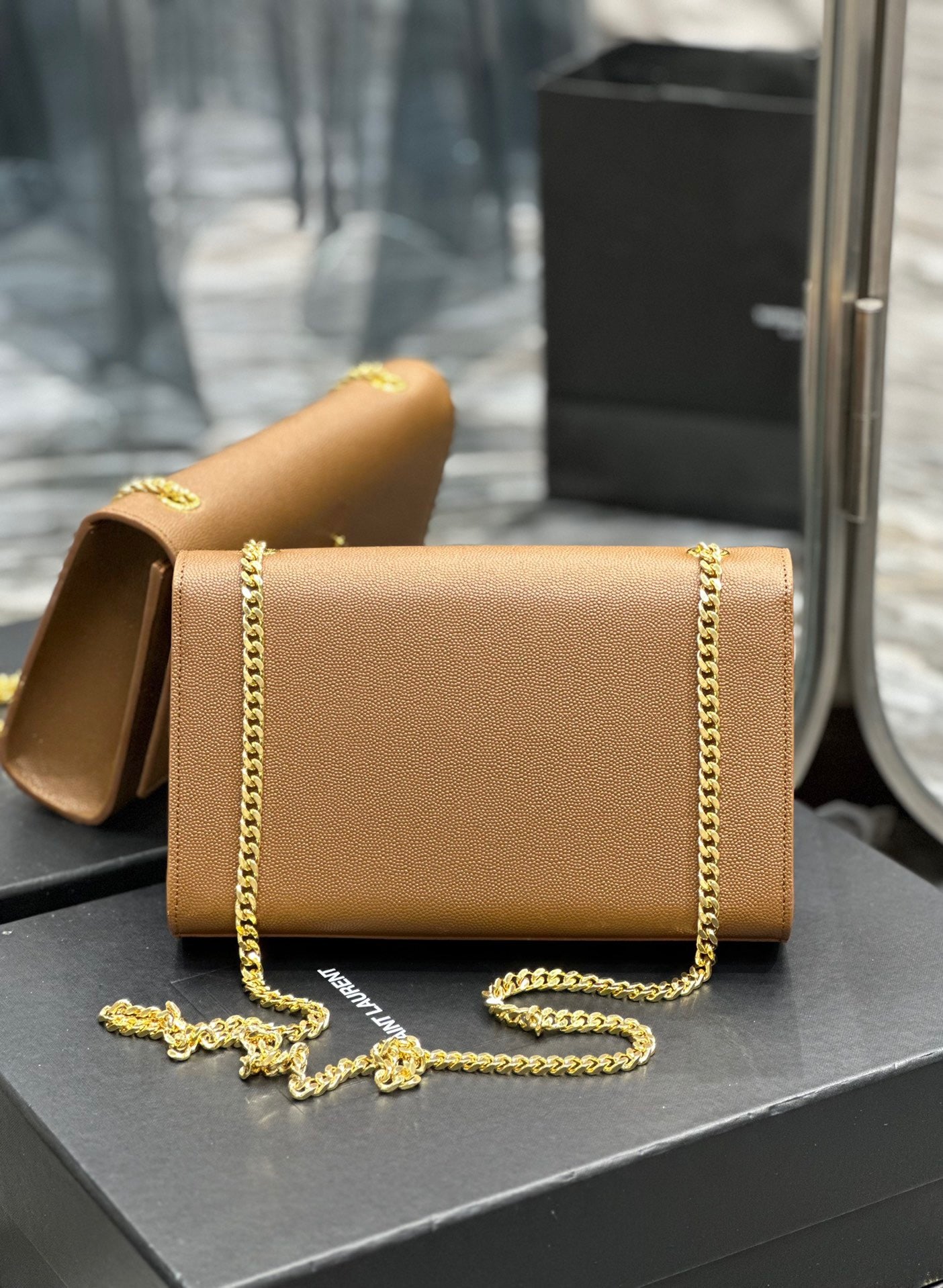 Saint Laurent Kate Medium Chain Bag In Gold Brown Grain De Poudre Leather