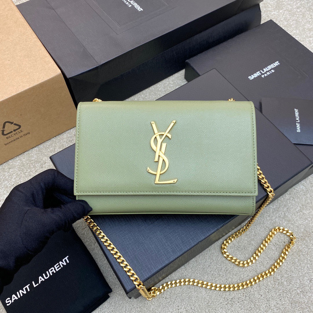 Saint Laurent Kate Small Chain Bag In Green Grain De Poudre Leather