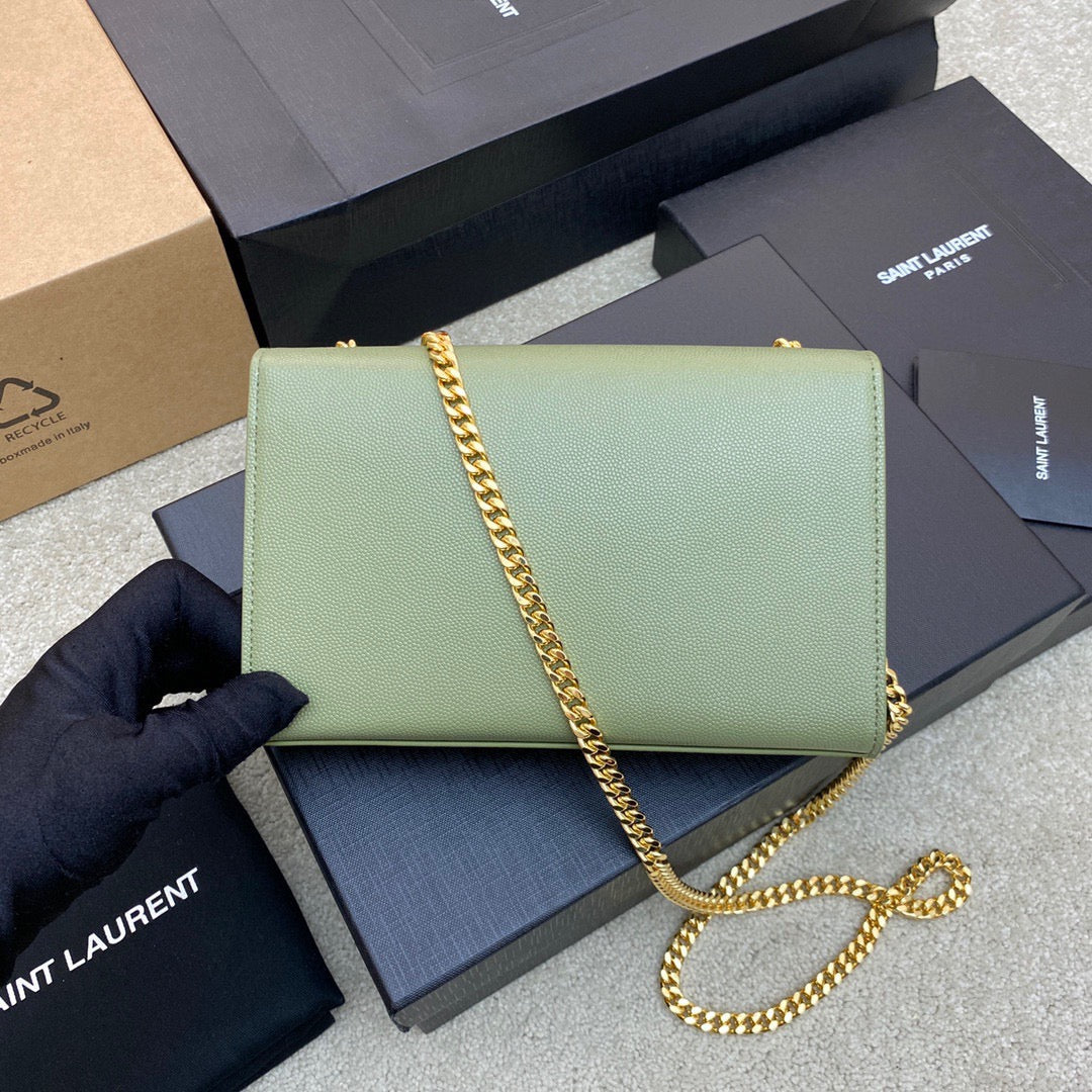 Saint Laurent Kate Small Chain Bag In Green Grain De Poudre Leather