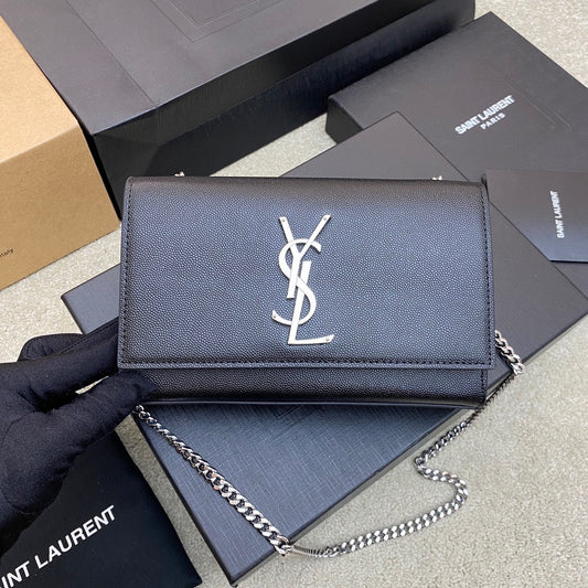 Saint Laurent Kate Small Chain Bag In Black Grain Leather With Silver Hardware