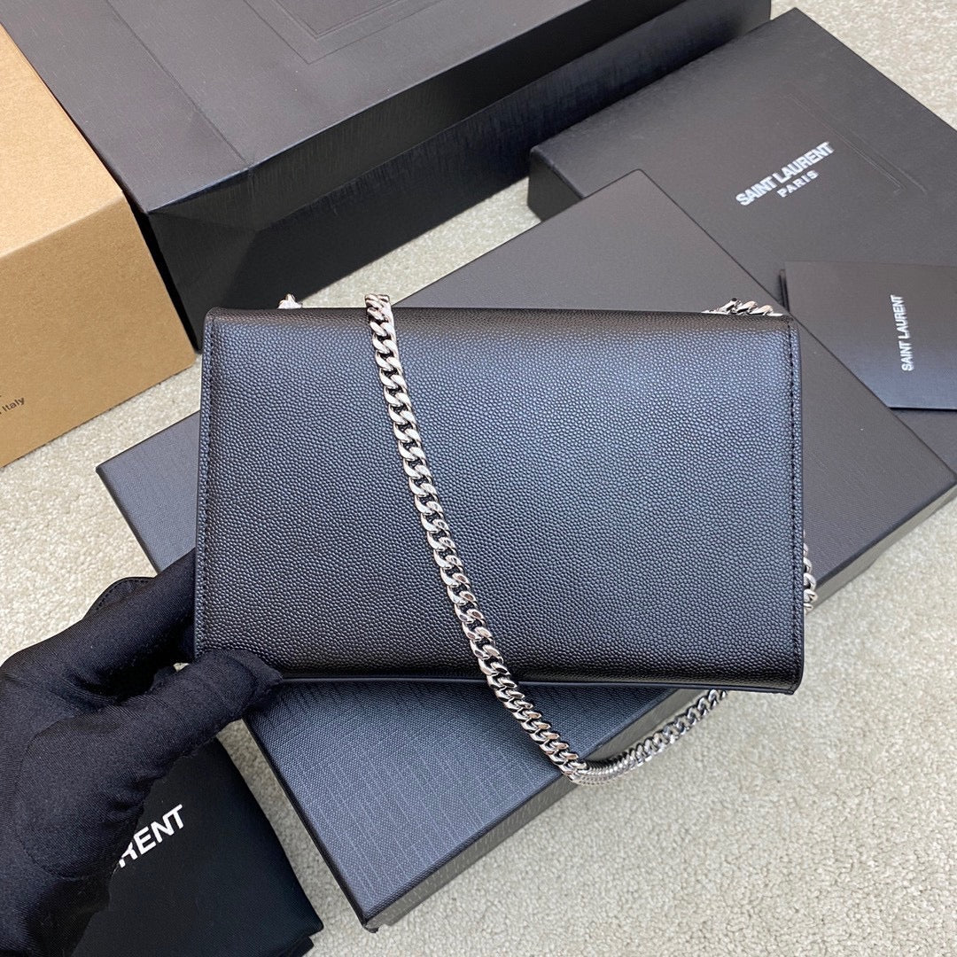 Saint Laurent Kate Small Chain Bag In Black Grain Leather With Silver Hardware