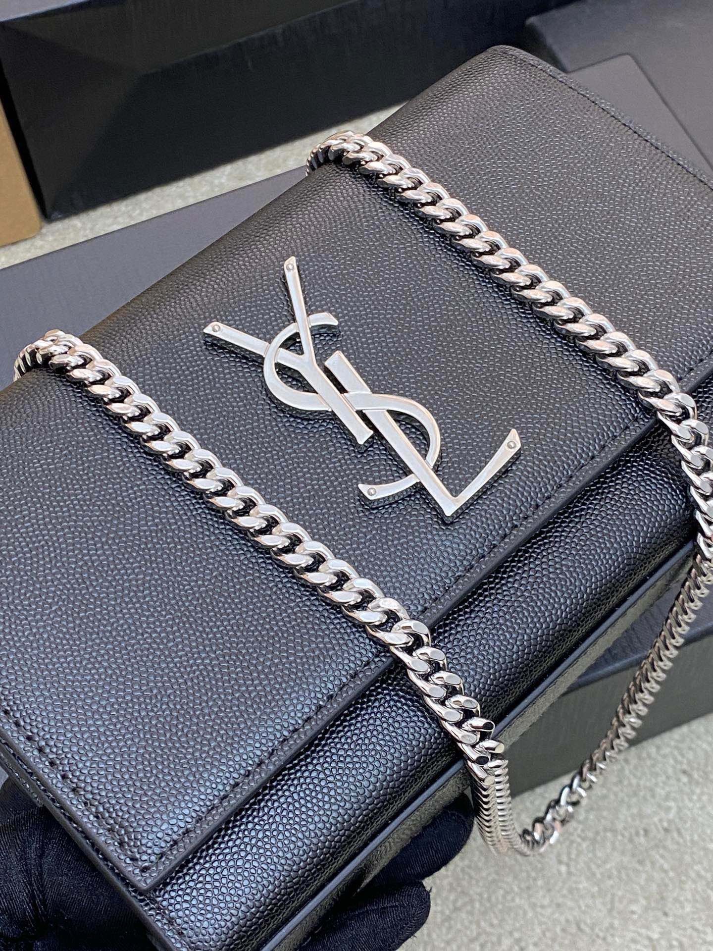 Saint Laurent Kate Small Chain Bag In Black Grain Leather With Silver Hardware