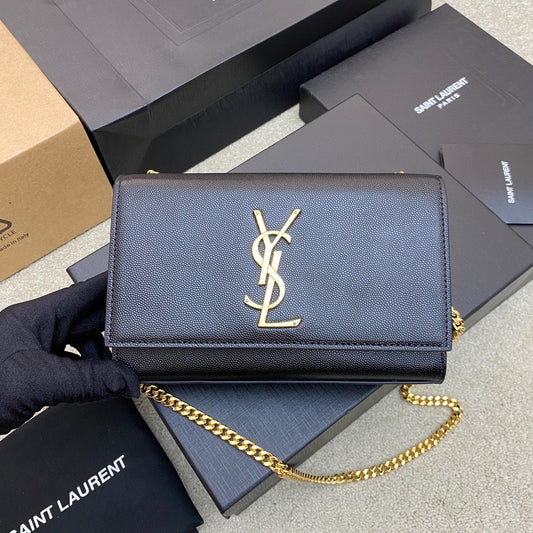 Saint Laurent Kate Small Chain Bag In Black Grain Leather With Gold Hardware