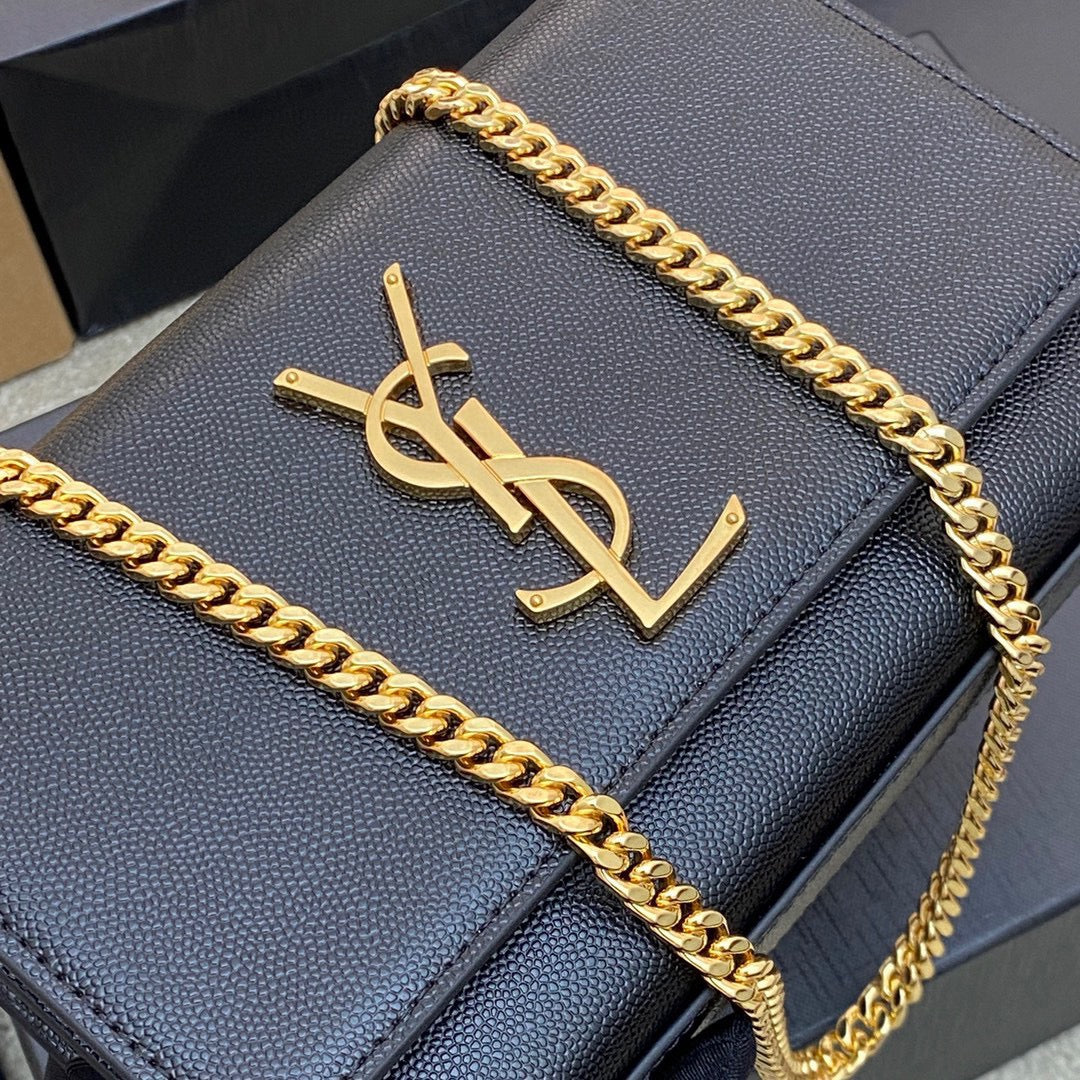 Saint Laurent Kate Small Chain Bag In Black Grain Leather With Gold Hardware