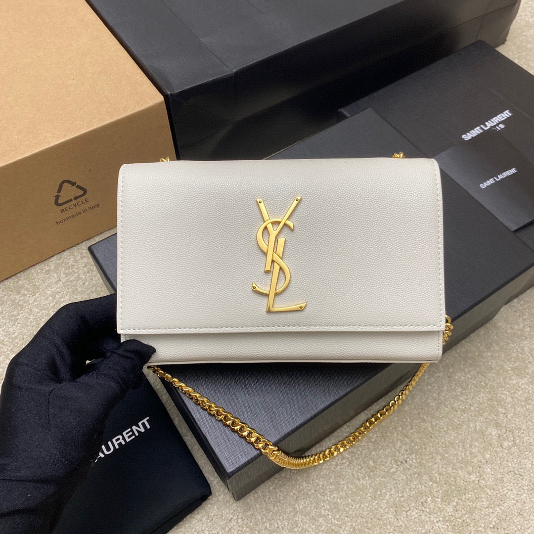 Saint Laurent Kate Small Chain Bag In White Grain De Poudre Leather