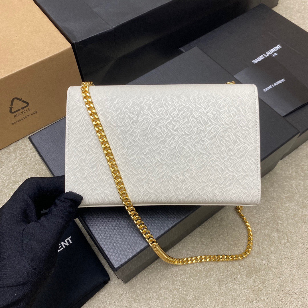 Saint Laurent Kate Small Chain Bag In White Grain De Poudre Leather