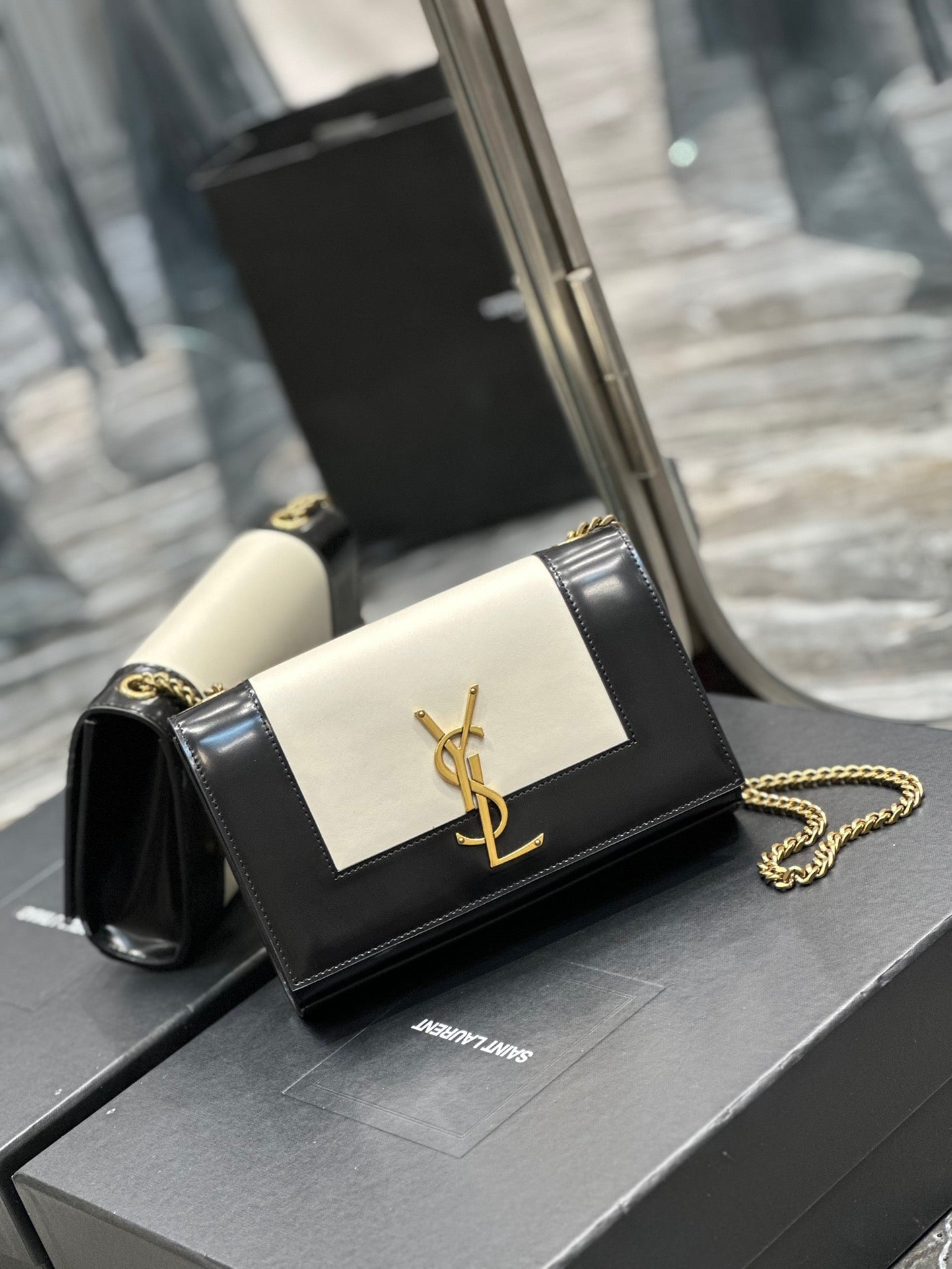 Saint Laurent Kate Small Black And White Glossy Leather Chain Bag