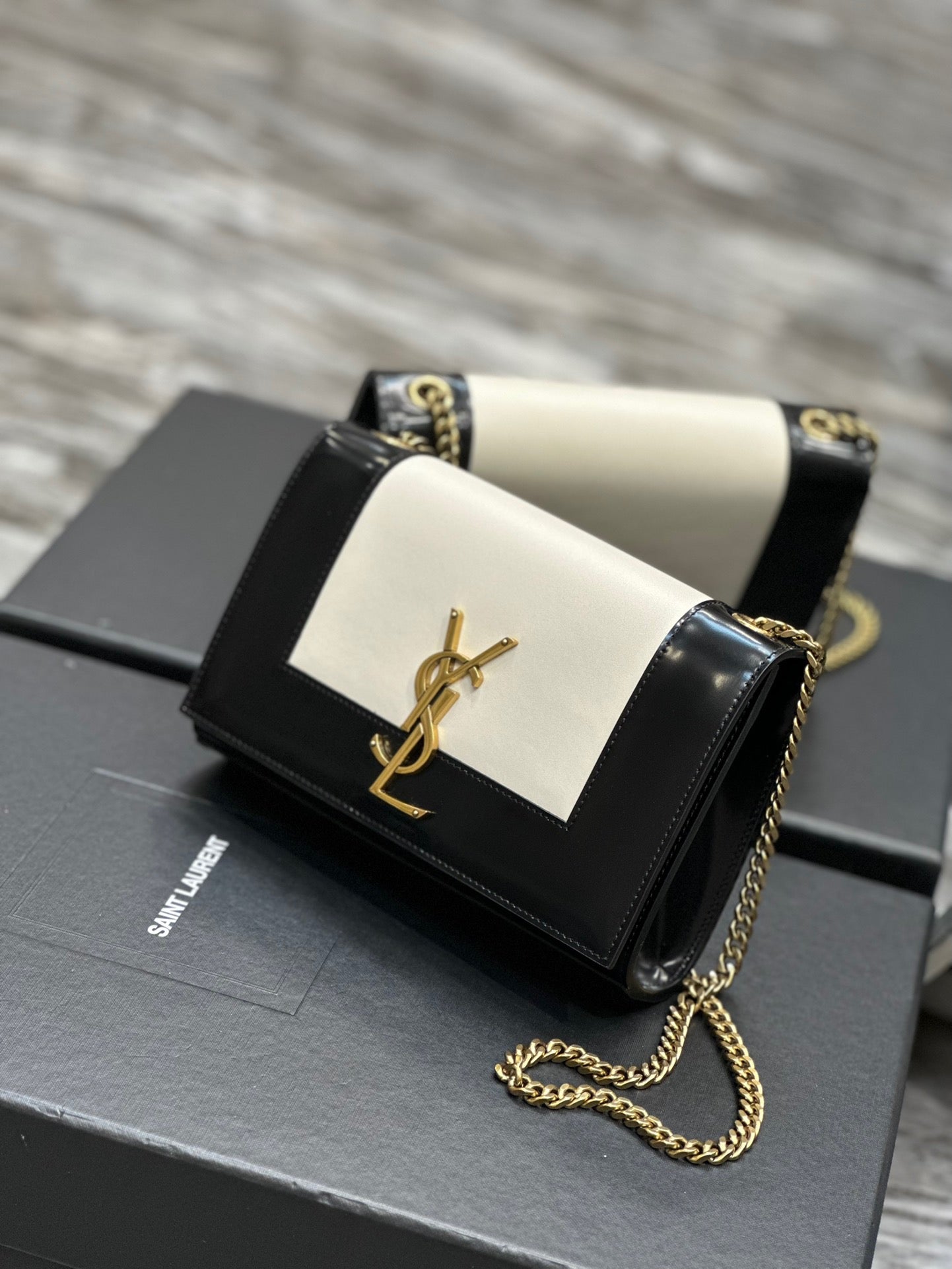 Saint Laurent Kate Small Black And White Glossy Leather Chain Bag