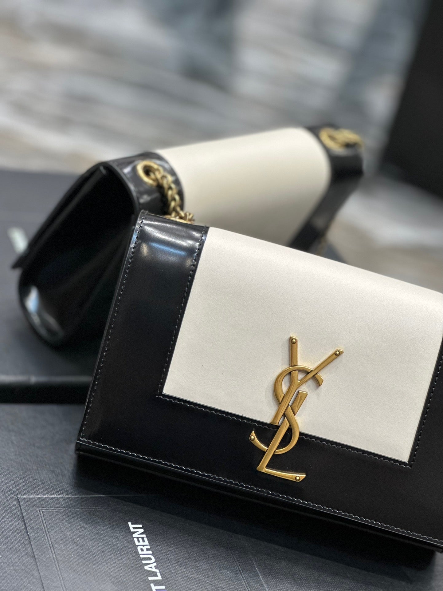Saint Laurent Kate Small Black And White Glossy Leather Chain Bag
