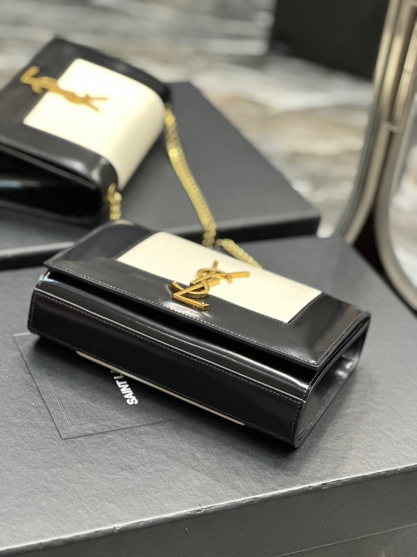 Saint Laurent Kate Small Black And White Glossy Leather Chain Bag