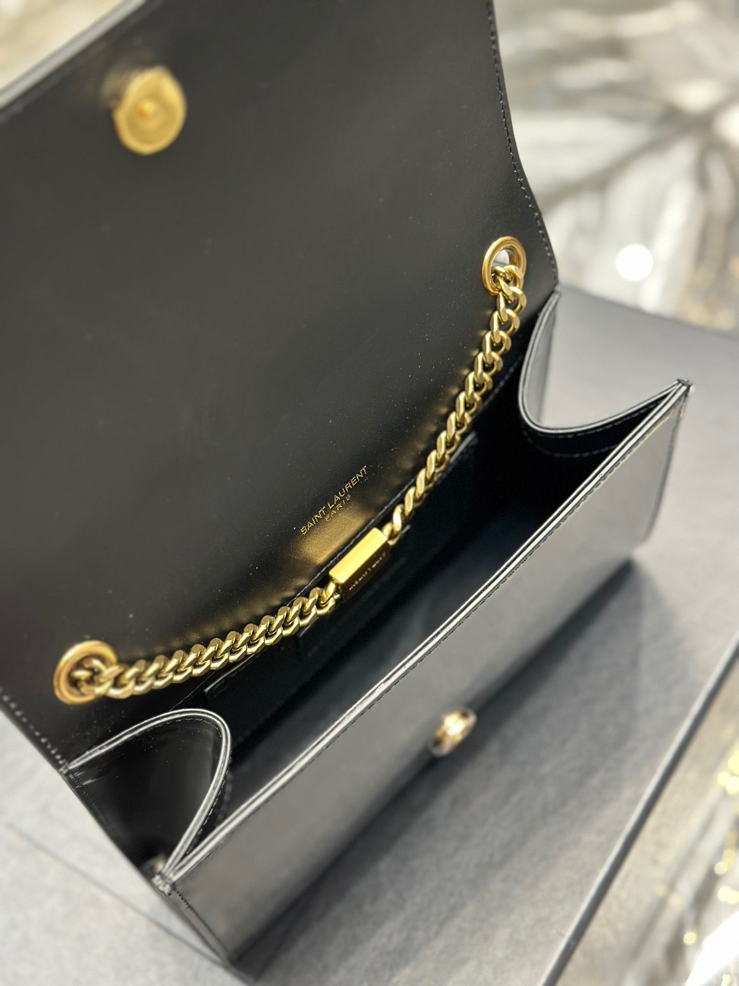 Saint Laurent Kate Small Black And White Glossy Leather Chain Bag