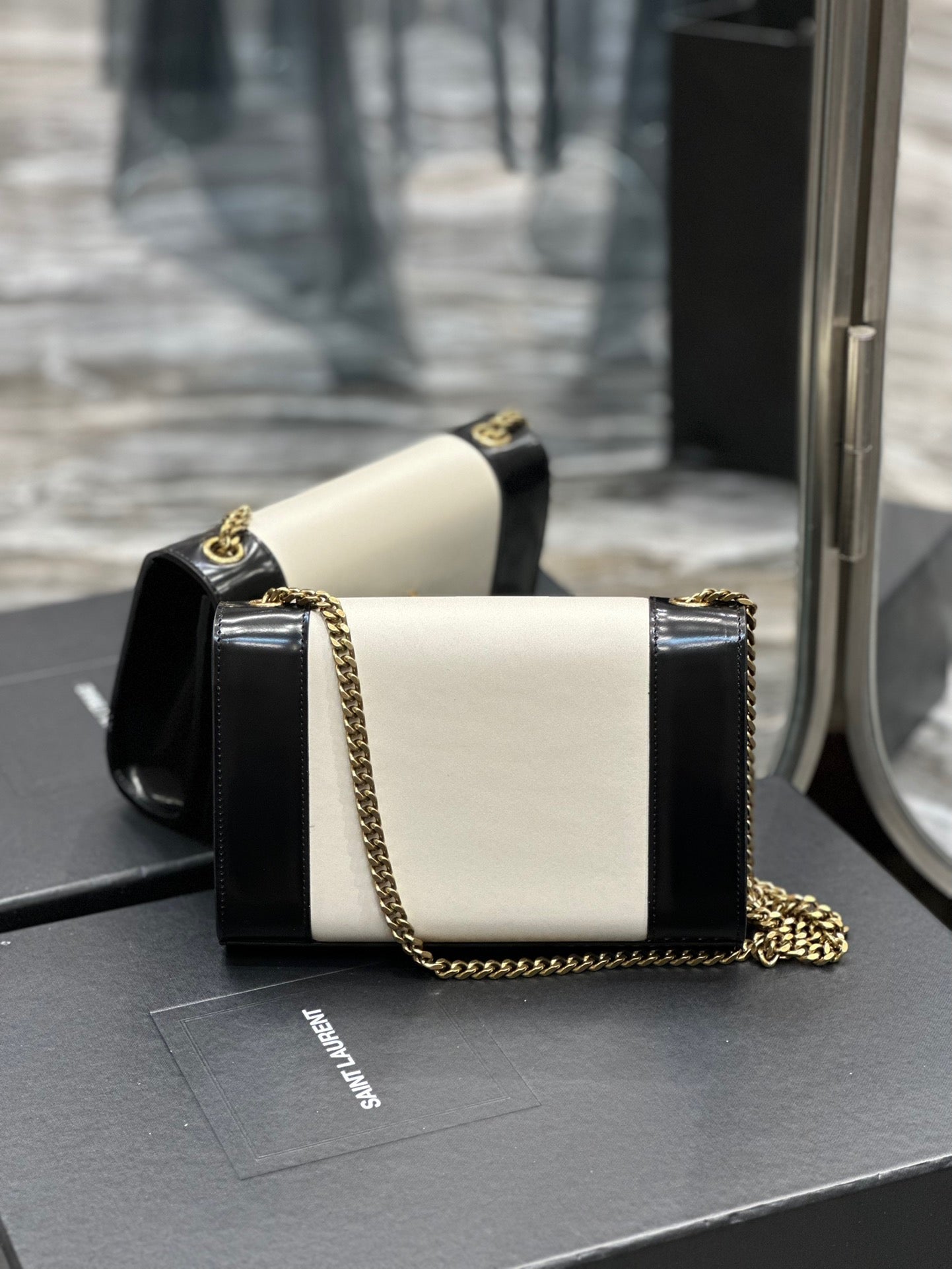 Saint Laurent Kate Small Black And White Glossy Leather Chain Bag
