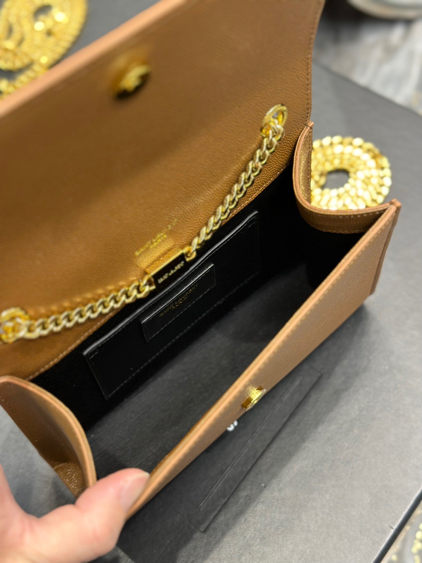 Saint Laurent Kate Small Chain Bag In Gold Brown Grain De Poudre Leather