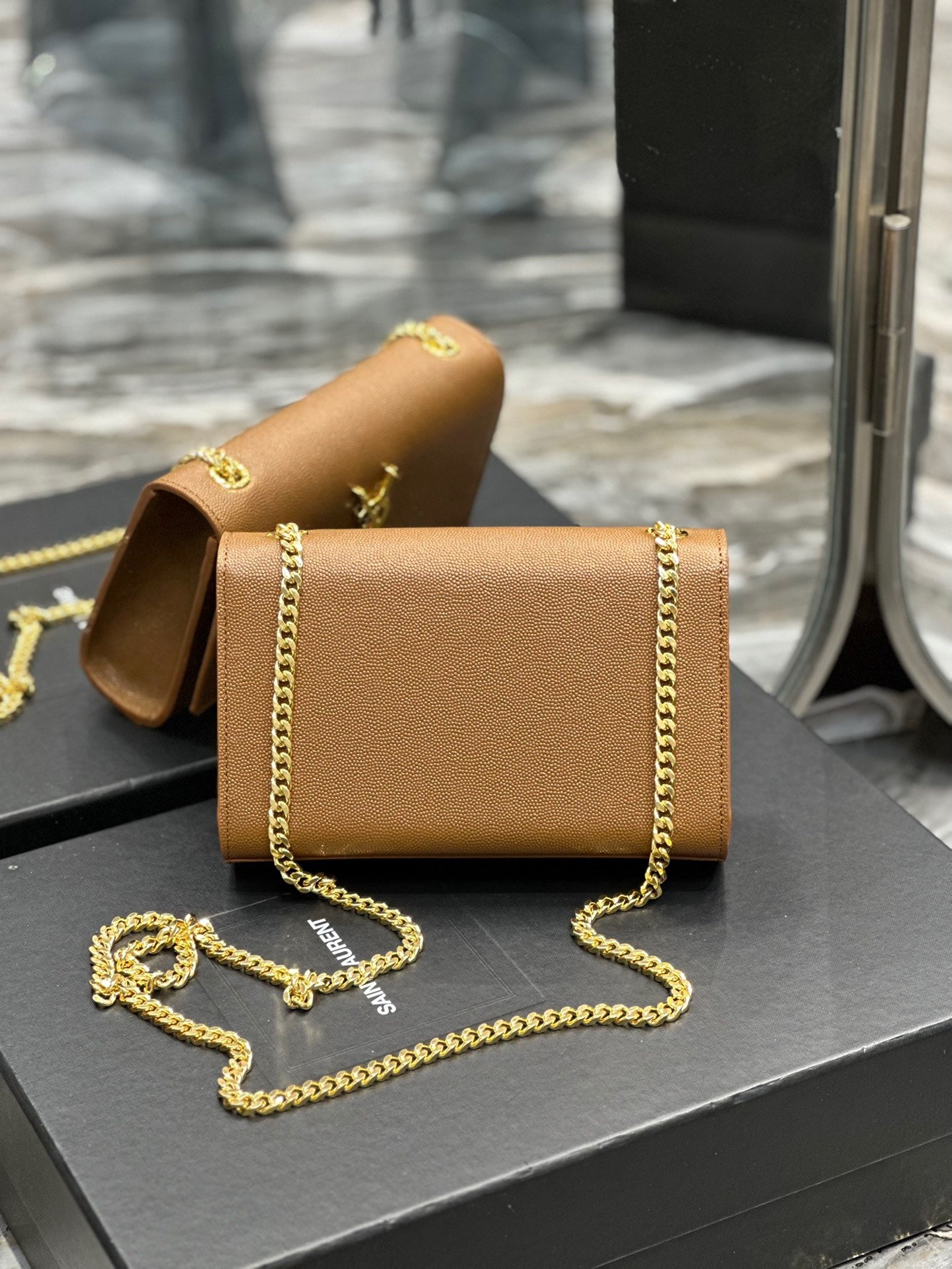 Saint Laurent Kate Small Chain Bag In Gold Brown Grain De Poudre Leather