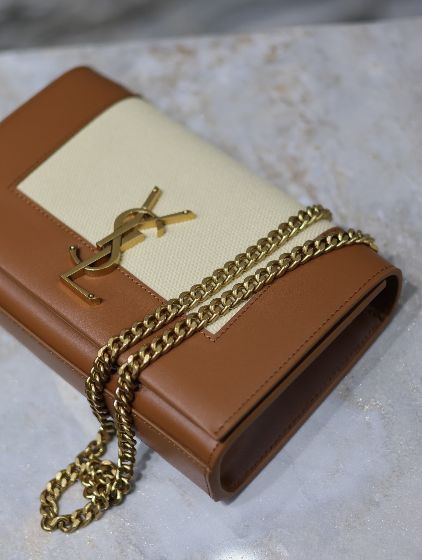 Saint Laurent Kate Small Brown And Beige Matching Glossy Leather Chain Bag