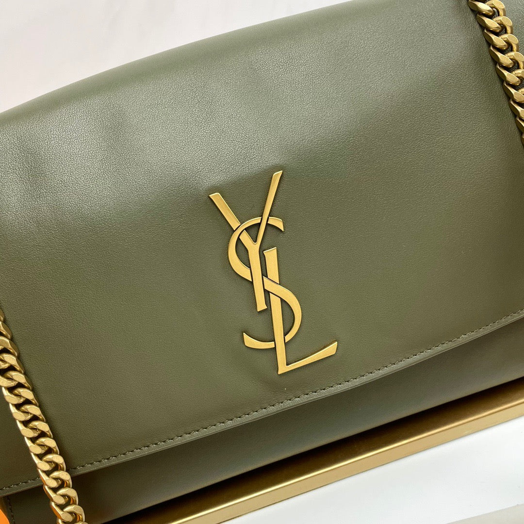 Saint Laurent Kate Large Green Plain Leather Chain Bag