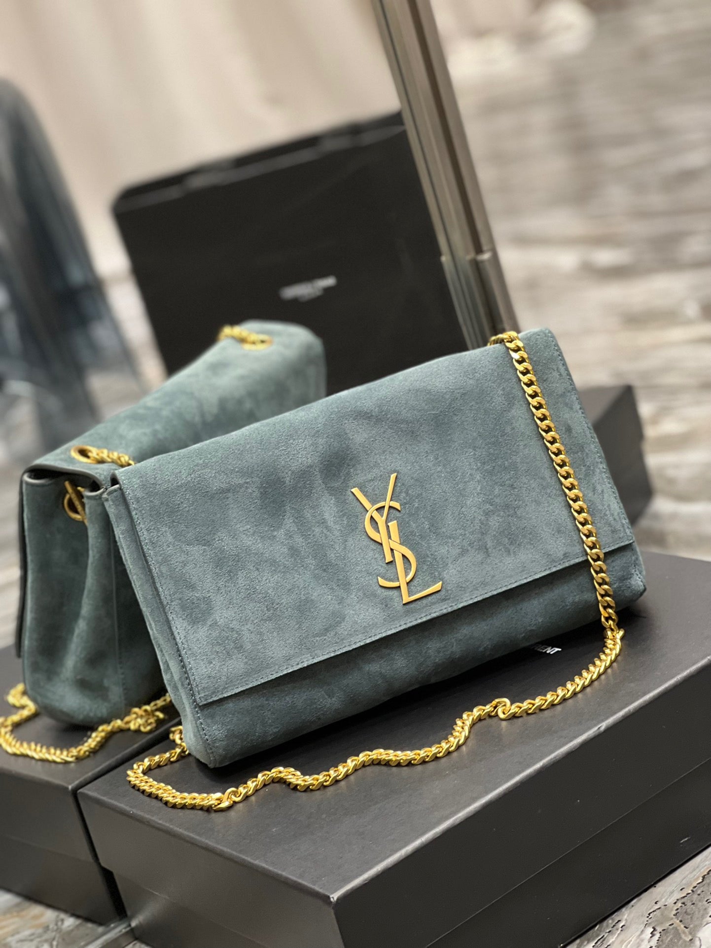 Saint Laurent Kate Large Blue Suede Chain Bag