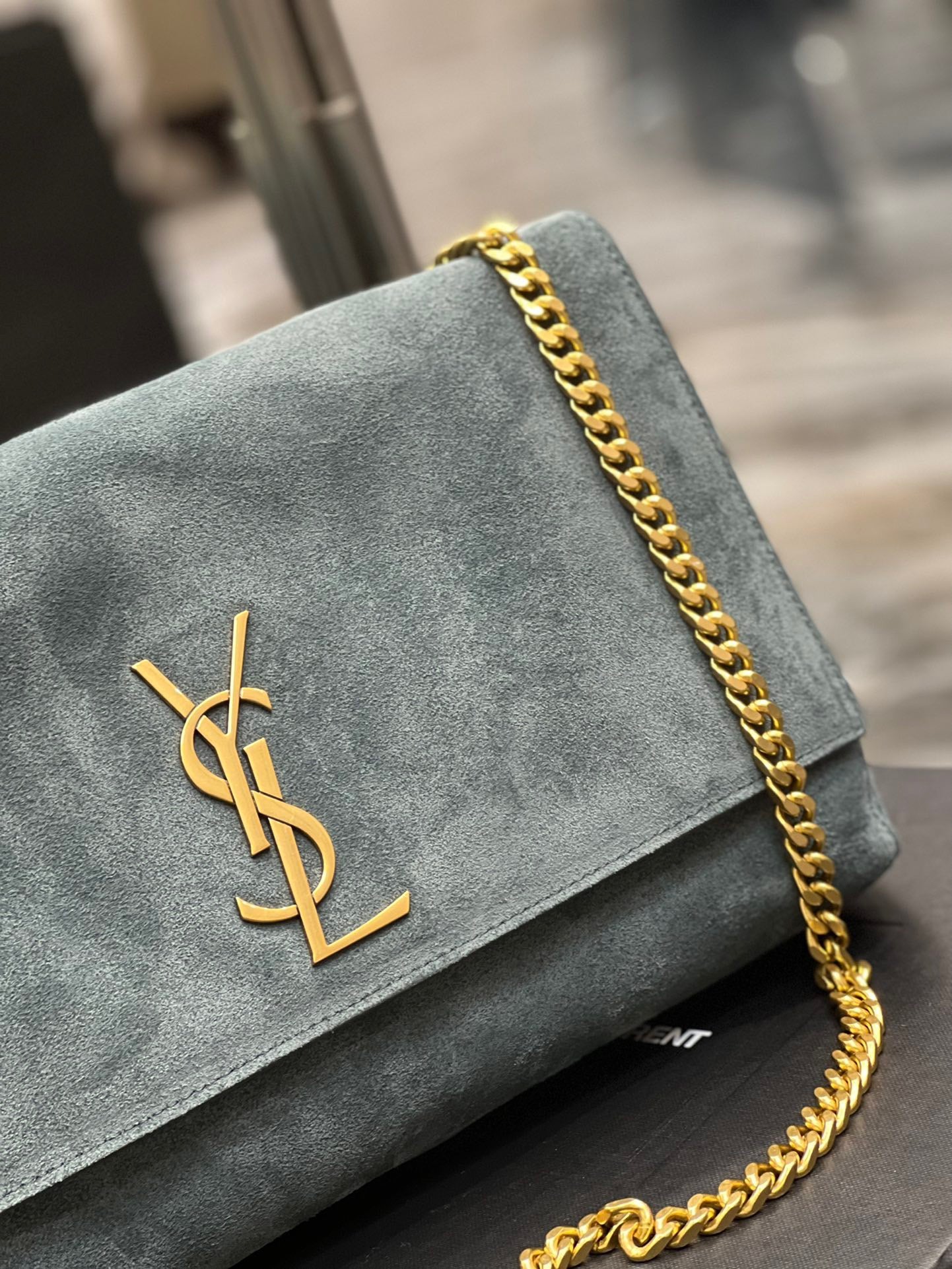 Saint Laurent Kate Large Blue Suede Chain Bag