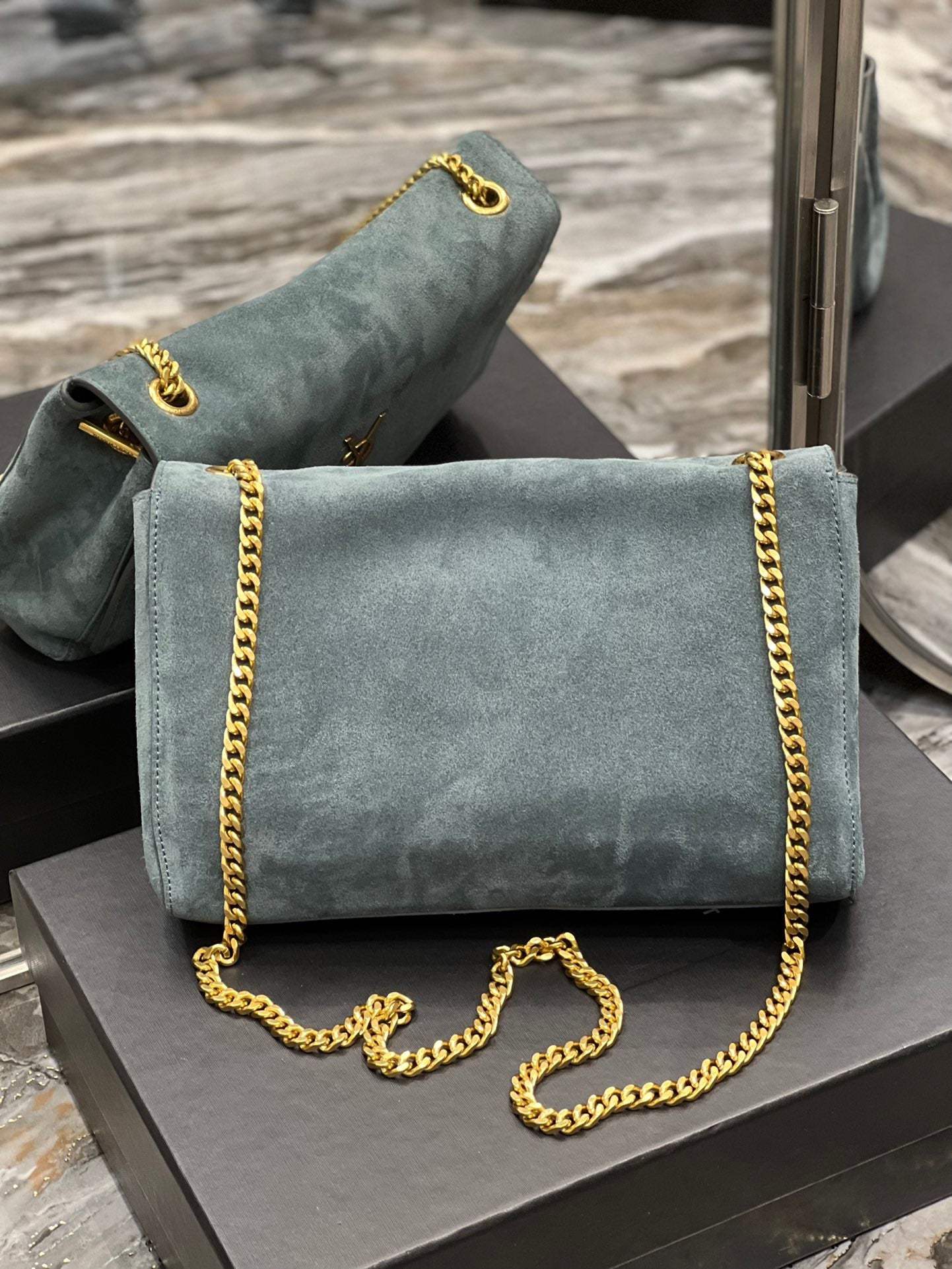 Saint Laurent Kate Large Blue Suede Chain Bag