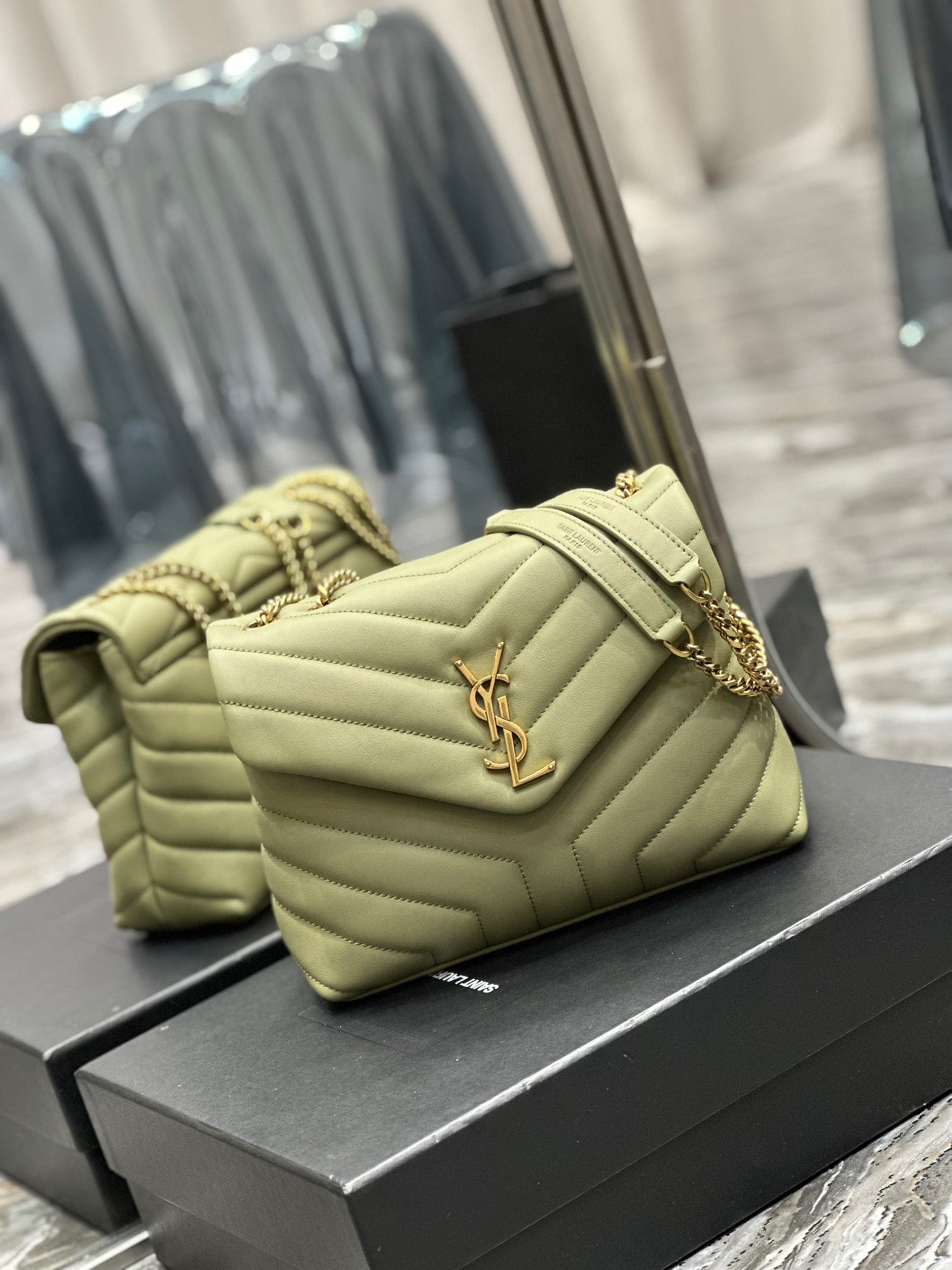 Saint Laurent LouLou Chain Bag In Light Green Quilted Lambskin