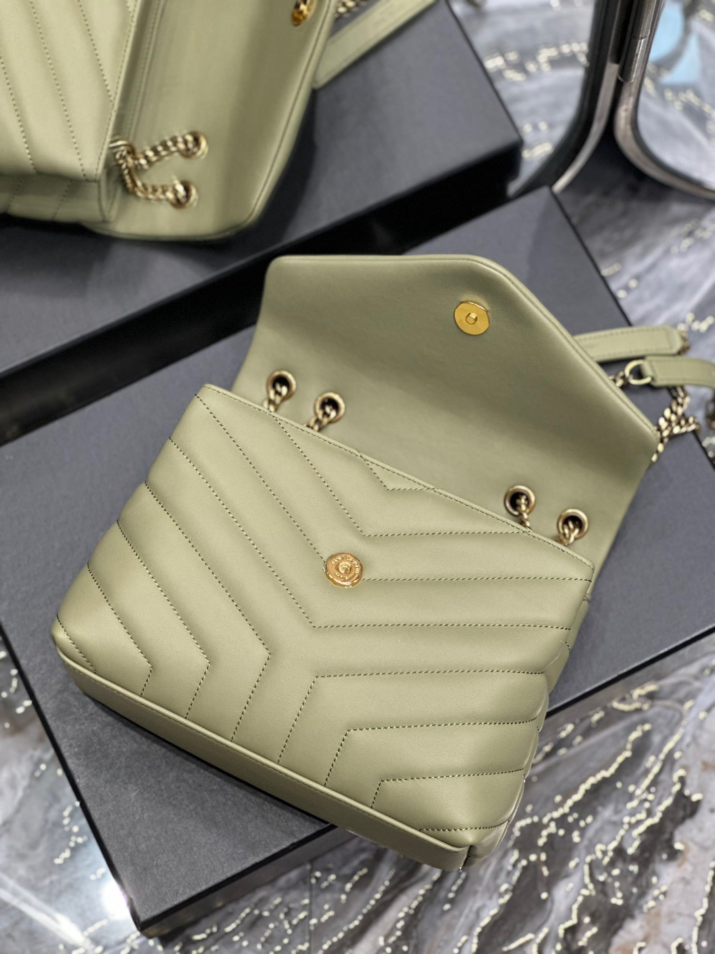 Saint Laurent LouLou Chain Bag In Light Green Quilted Lambskin