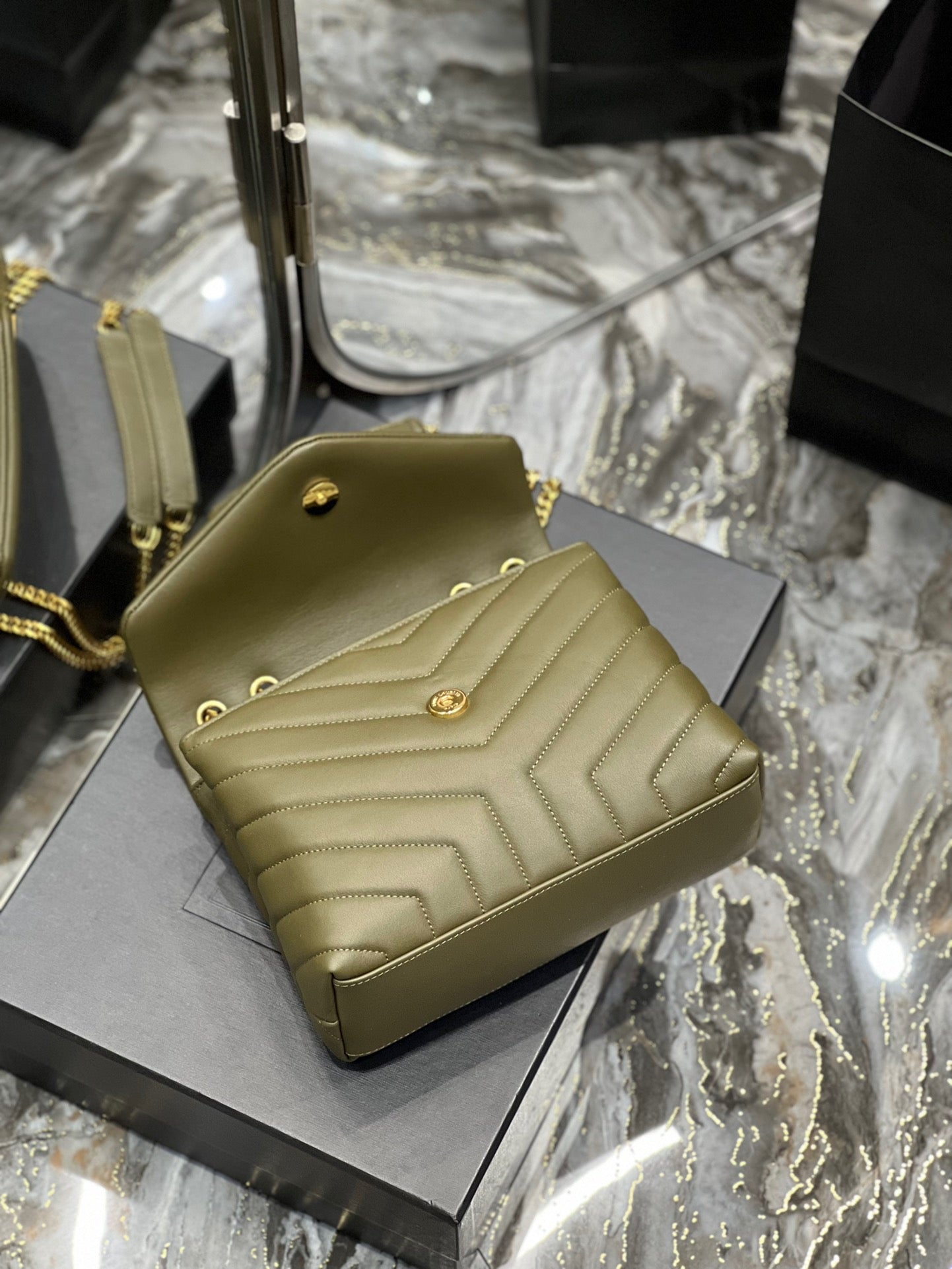 Saint Laurent LouLou Chain Bag In Army Green Quilted Lambskin