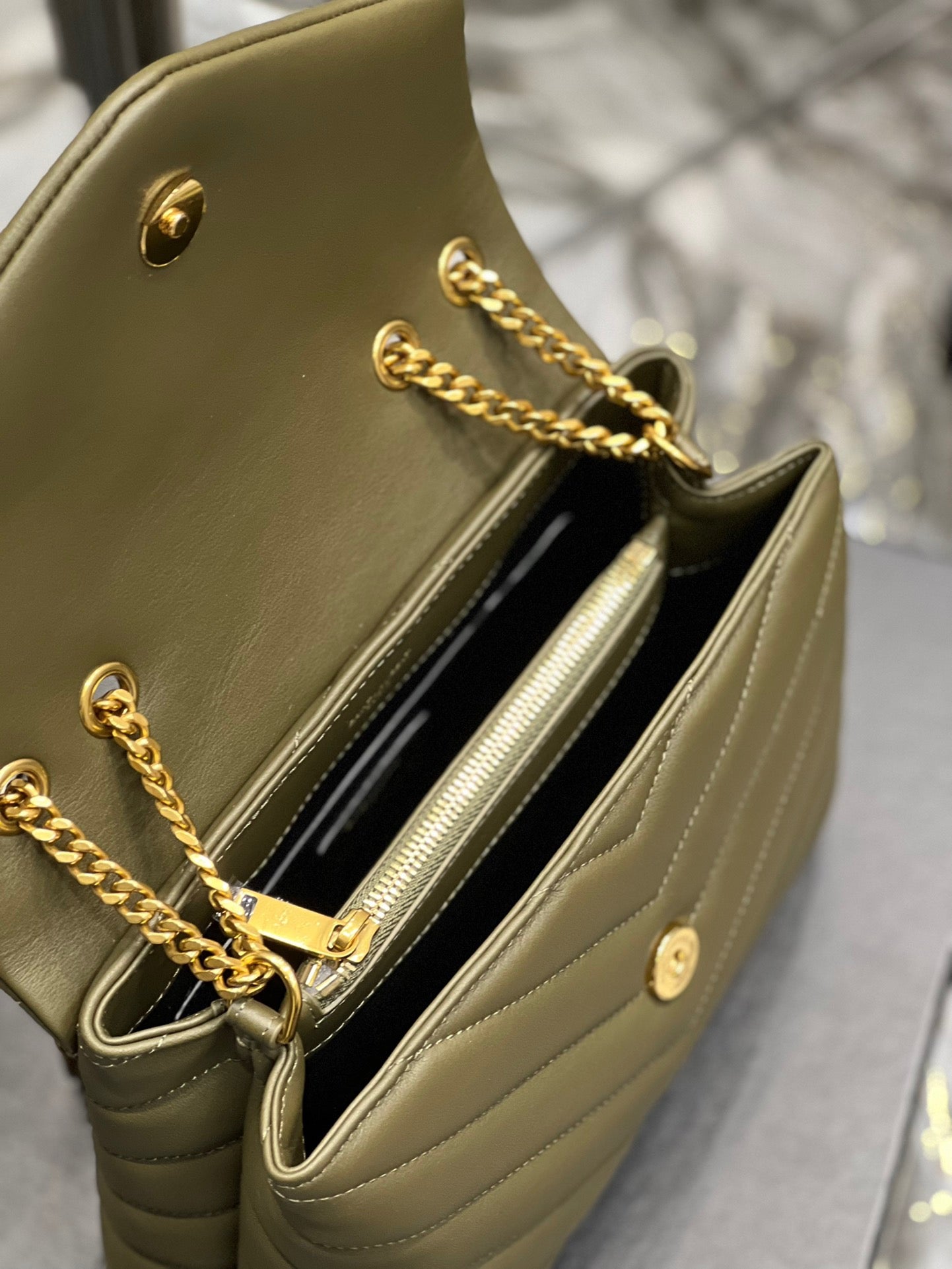 Saint Laurent LouLou Chain Bag In Army Green Quilted Lambskin