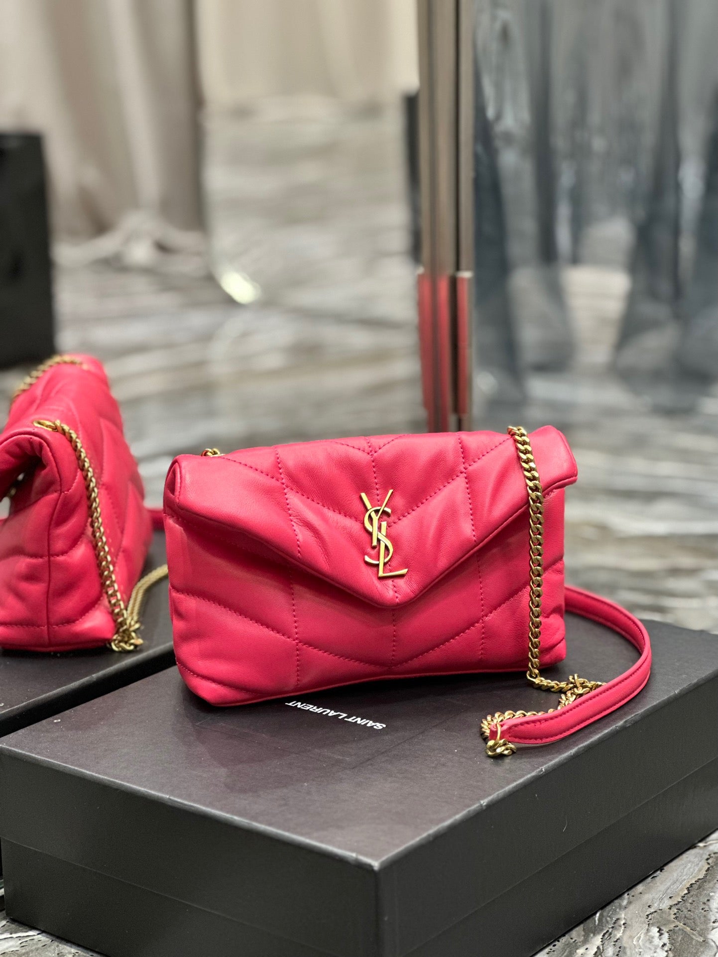 Saint Laurent LouLou Chain Bag In Rose Red Quilted Lambskin