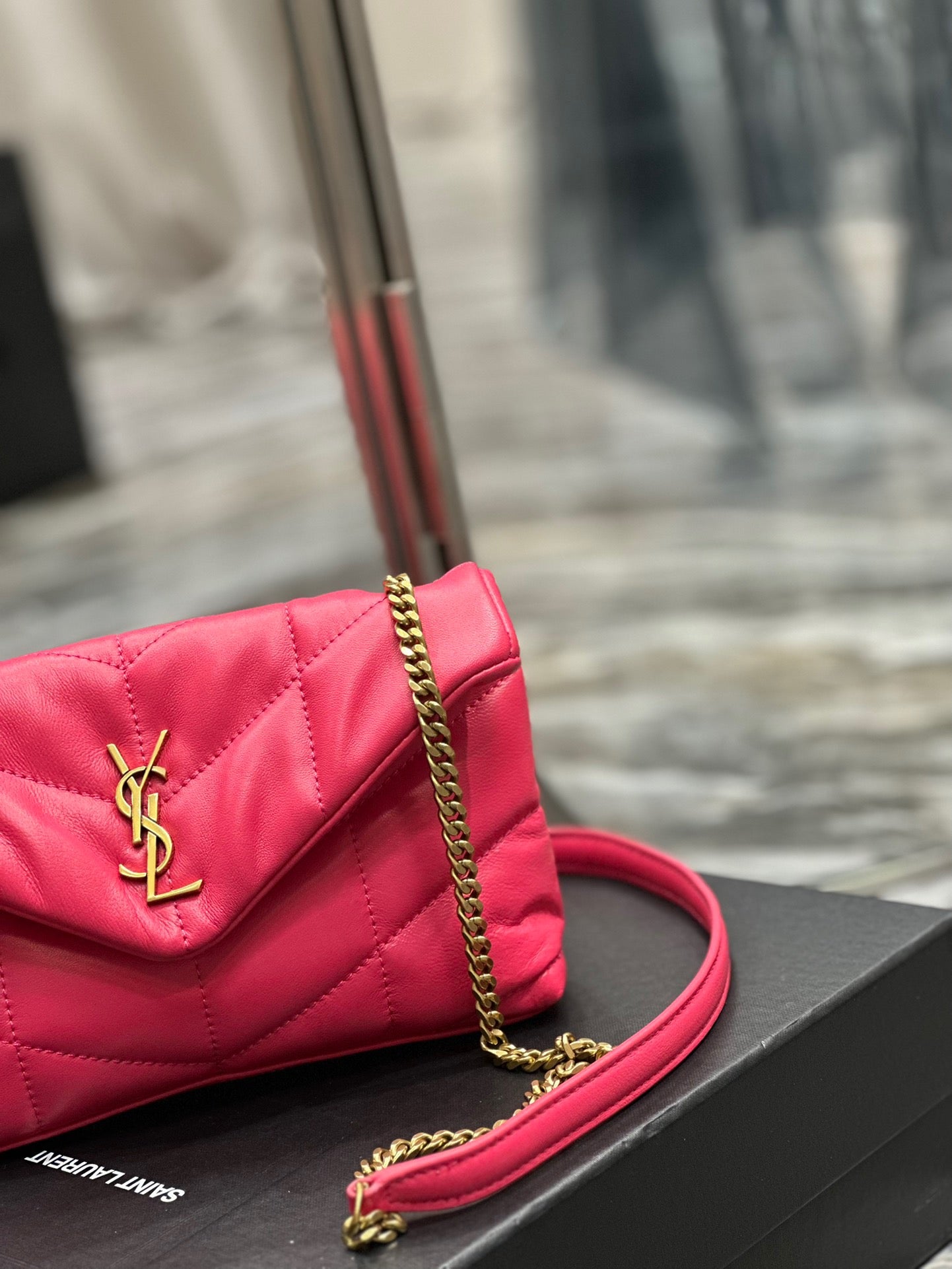 Saint Laurent LouLou Chain Bag In Rose Red Quilted Lambskin