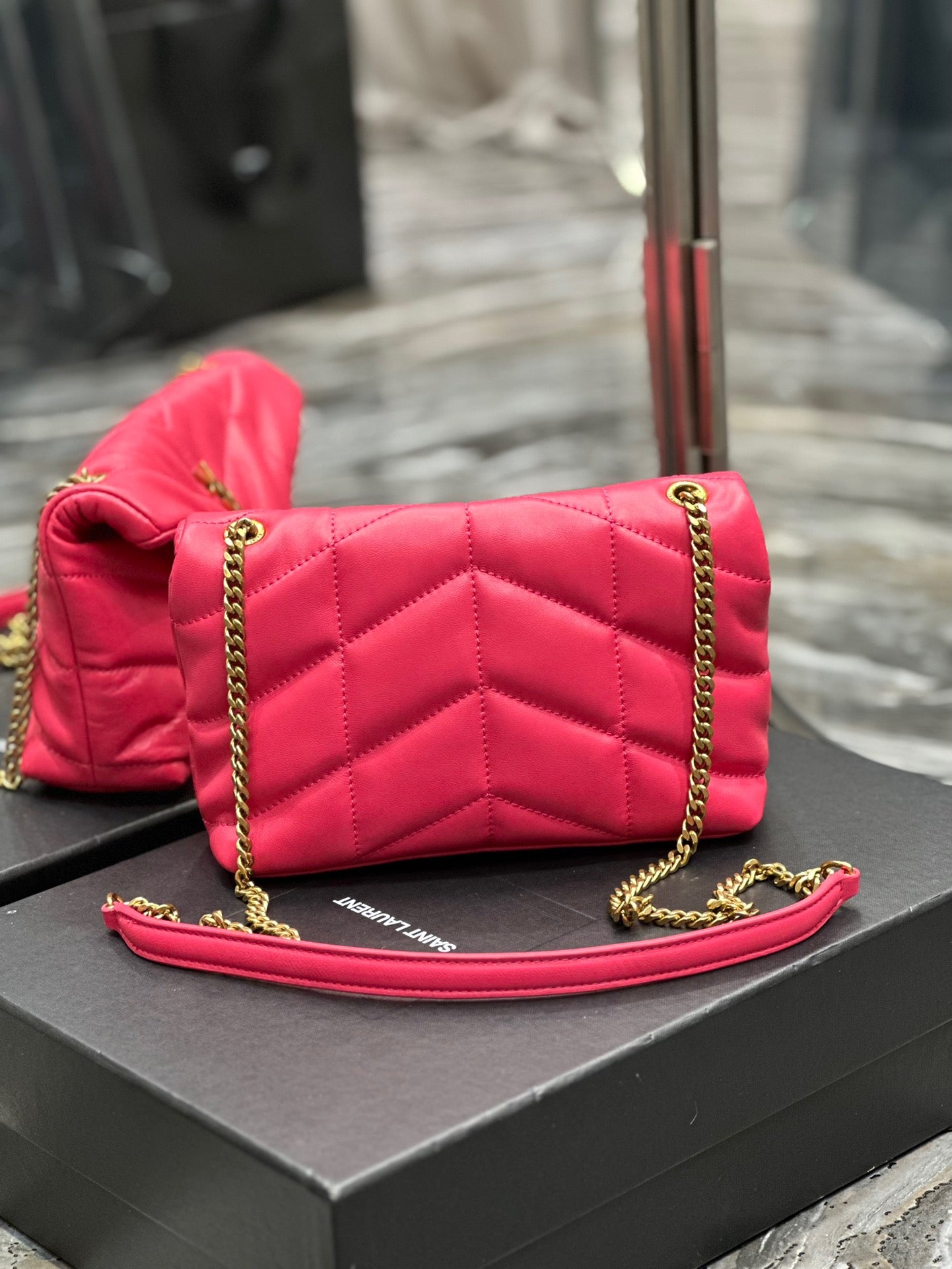 Saint Laurent LouLou Chain Bag In Rose Red Quilted Lambskin