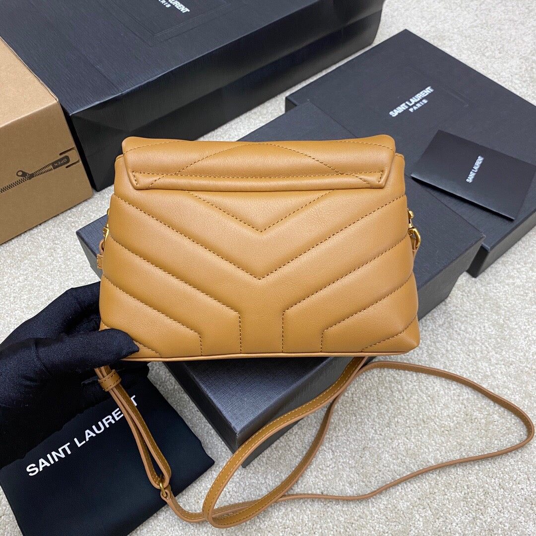 Saint Laurent LouLou Chain Bag In Gold Brown Quilted Calfskin