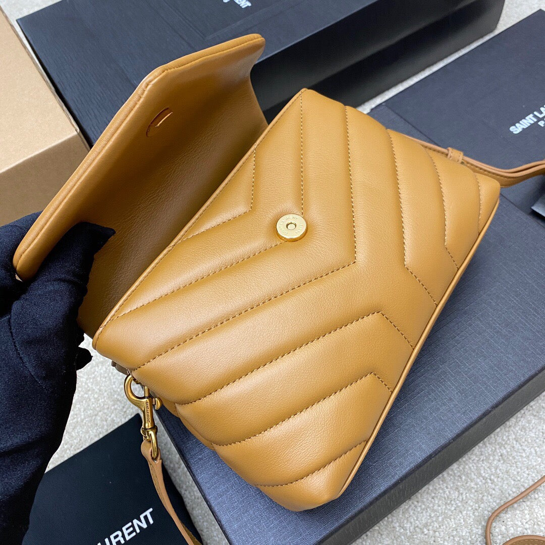 Saint Laurent LouLou Chain Bag In Gold Brown Quilted Calfskin