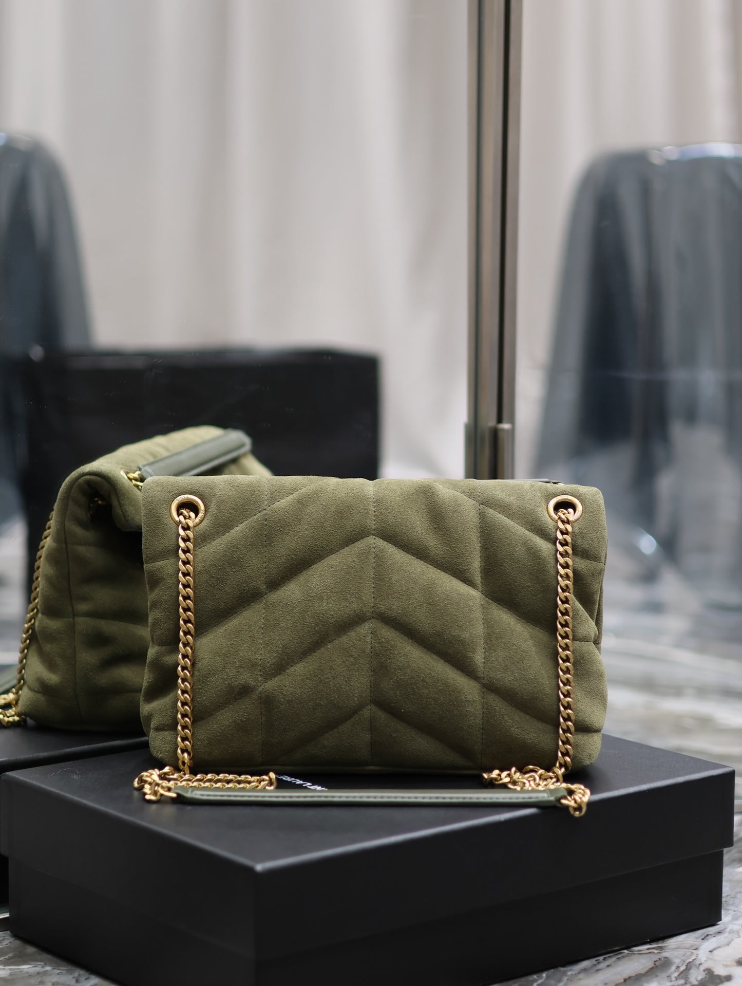 Saint Laurent LouLou Army Green Quilted Frosted Chain Bag