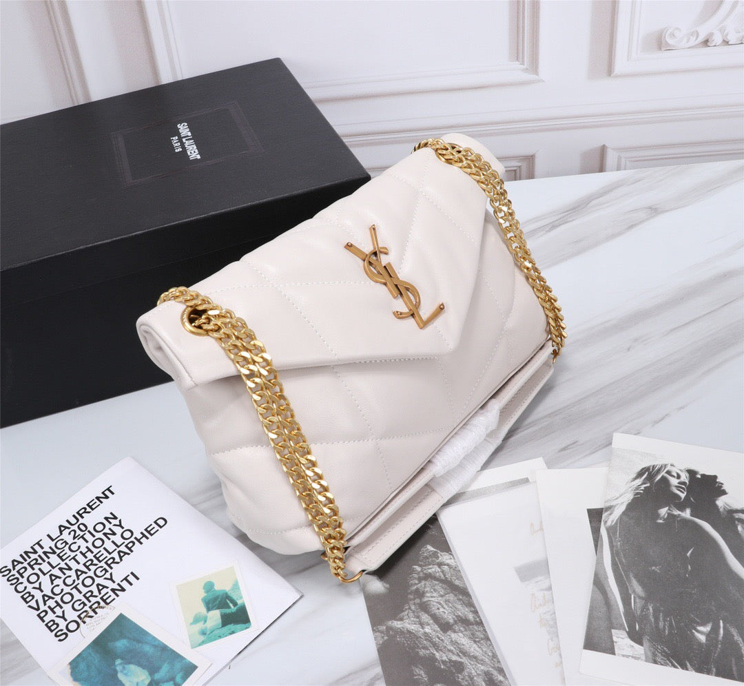 Saint Laurent LouLou Chain Bag In White Quilted Calfskin