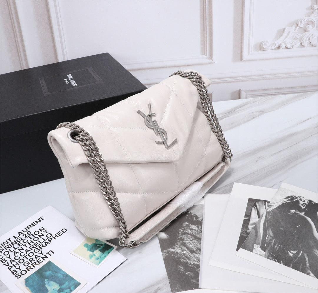 Saint Laurent LouLou Chain Bag In White Quilted Calfskin