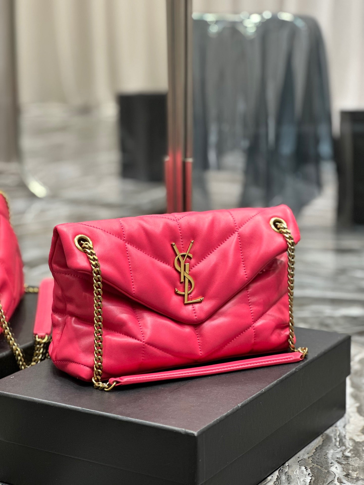 Saint Laurent LouLou Chain Bag In Rose Red Quilted Calfskin