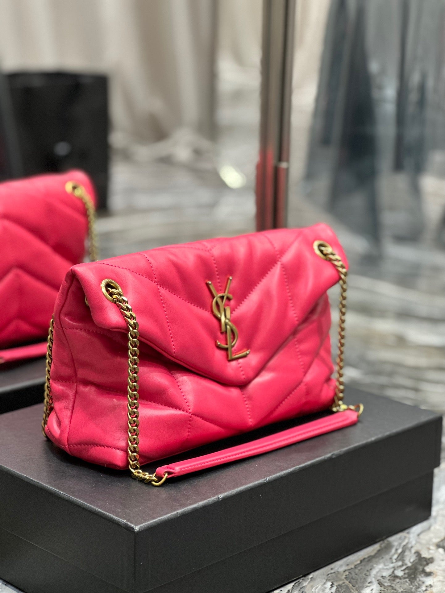 Saint Laurent LouLou Chain Bag In Rose Red Quilted Calfskin