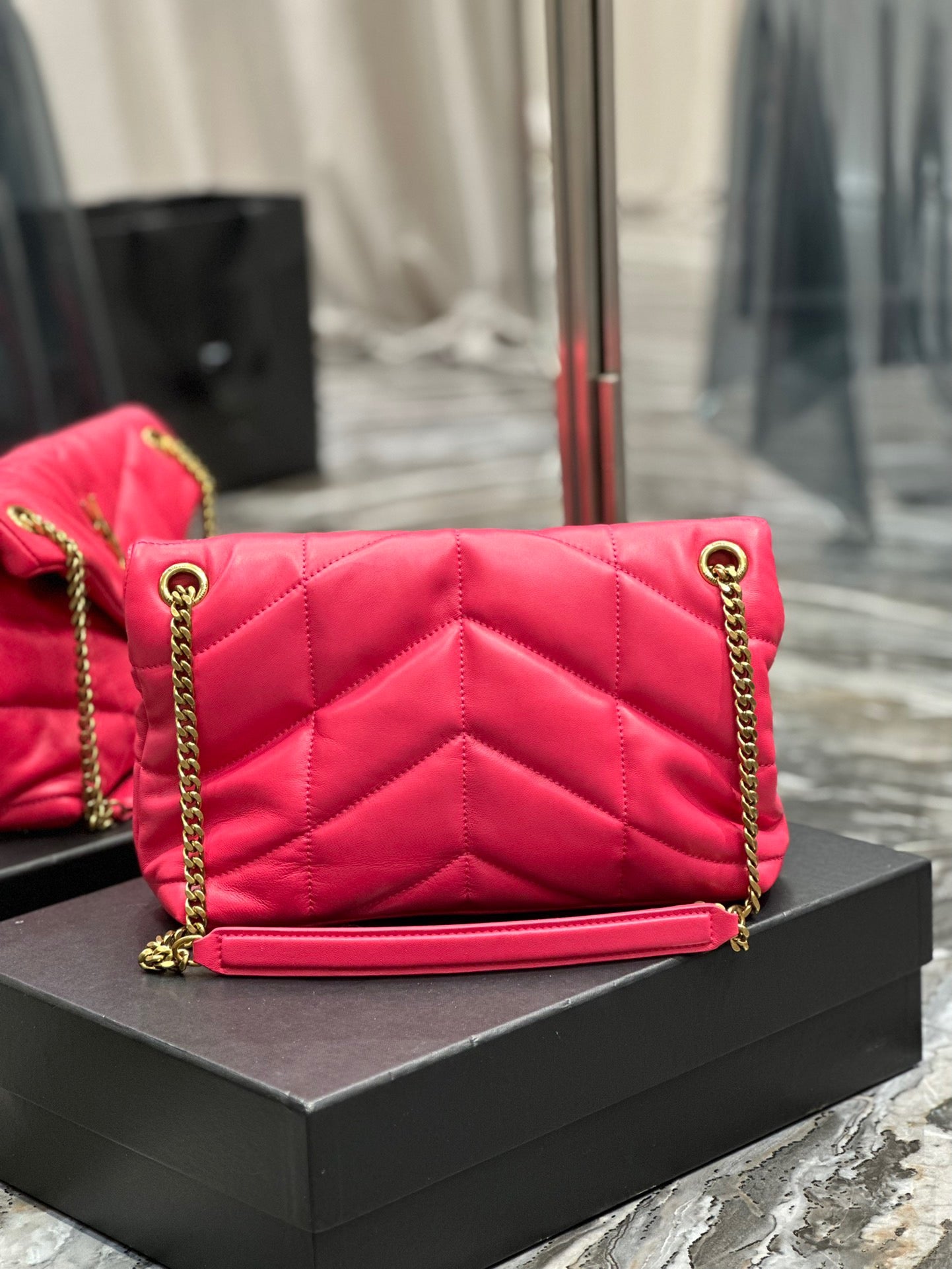 Saint Laurent LouLou Chain Bag In Rose Red Quilted Calfskin